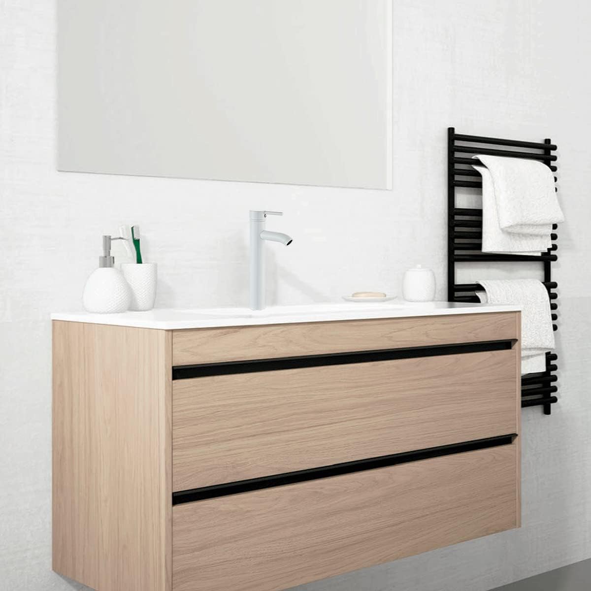 Mezcladora Monomando para Lavabo en Blanco Mate, Acero Inoxidable, 29 cm de Altura, Incluye Mangueras y Aireador Ahorrador