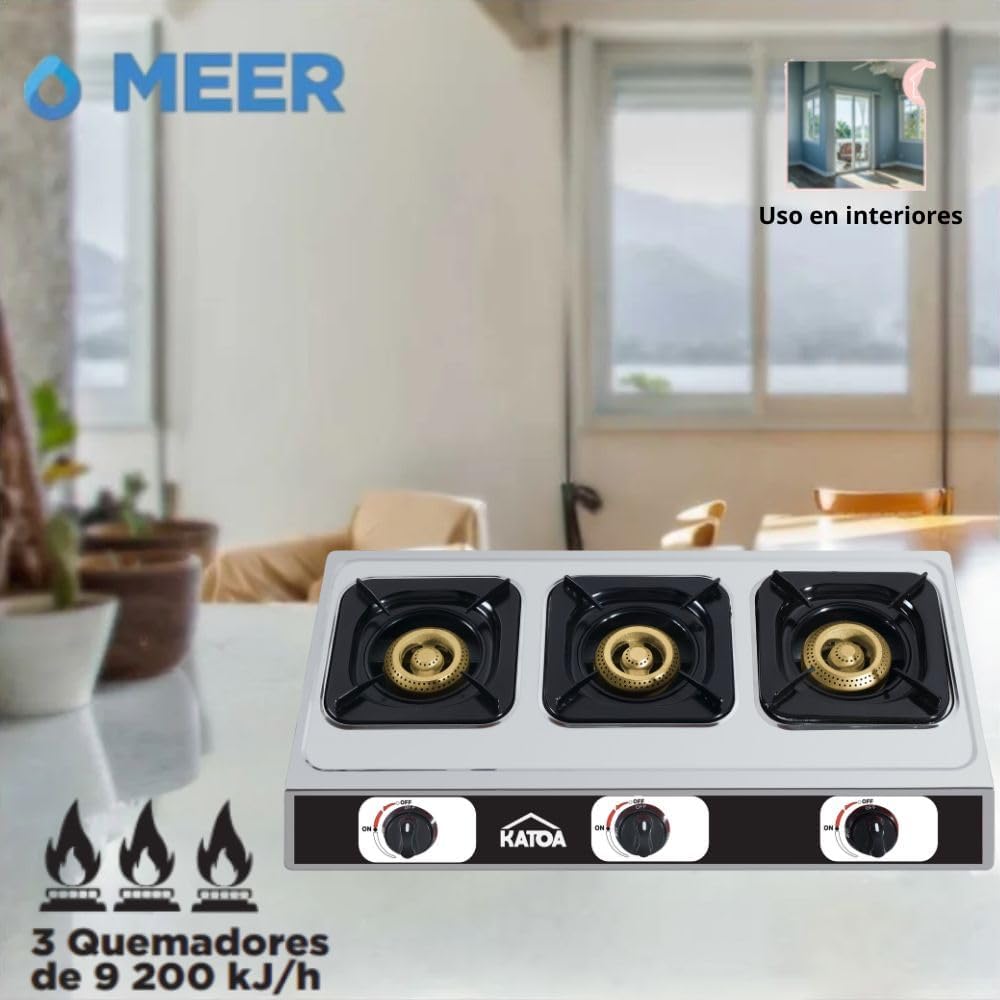 Estufa de Mesa KATOA – 3 Quemadores de Alta Eficiencia en Acero Inoxidable para Gas LP 3
