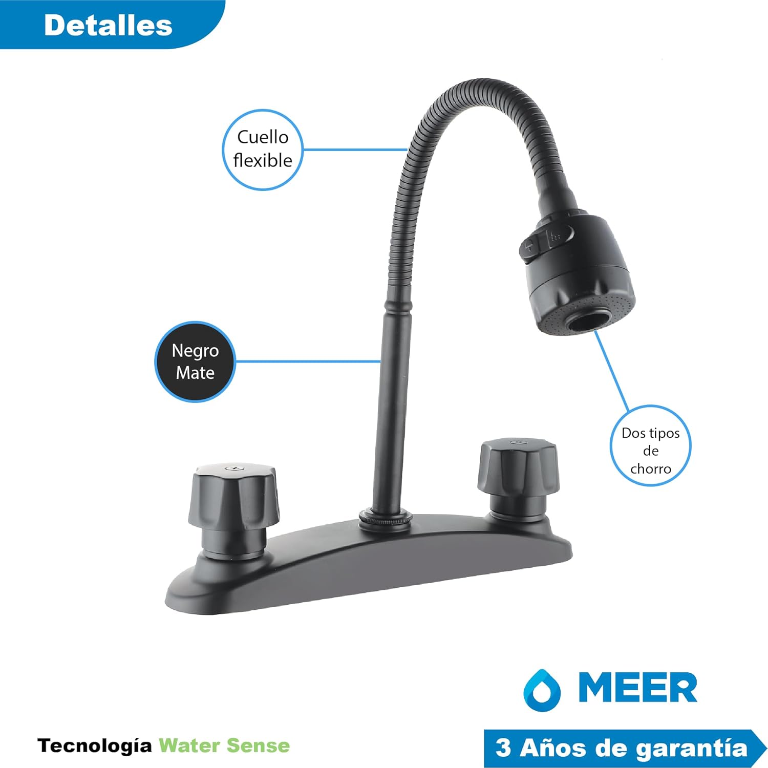 Mezcladora para Fregadero con Cuello Flexible y Dos Funciones de Chorro (Negro Mate) 5