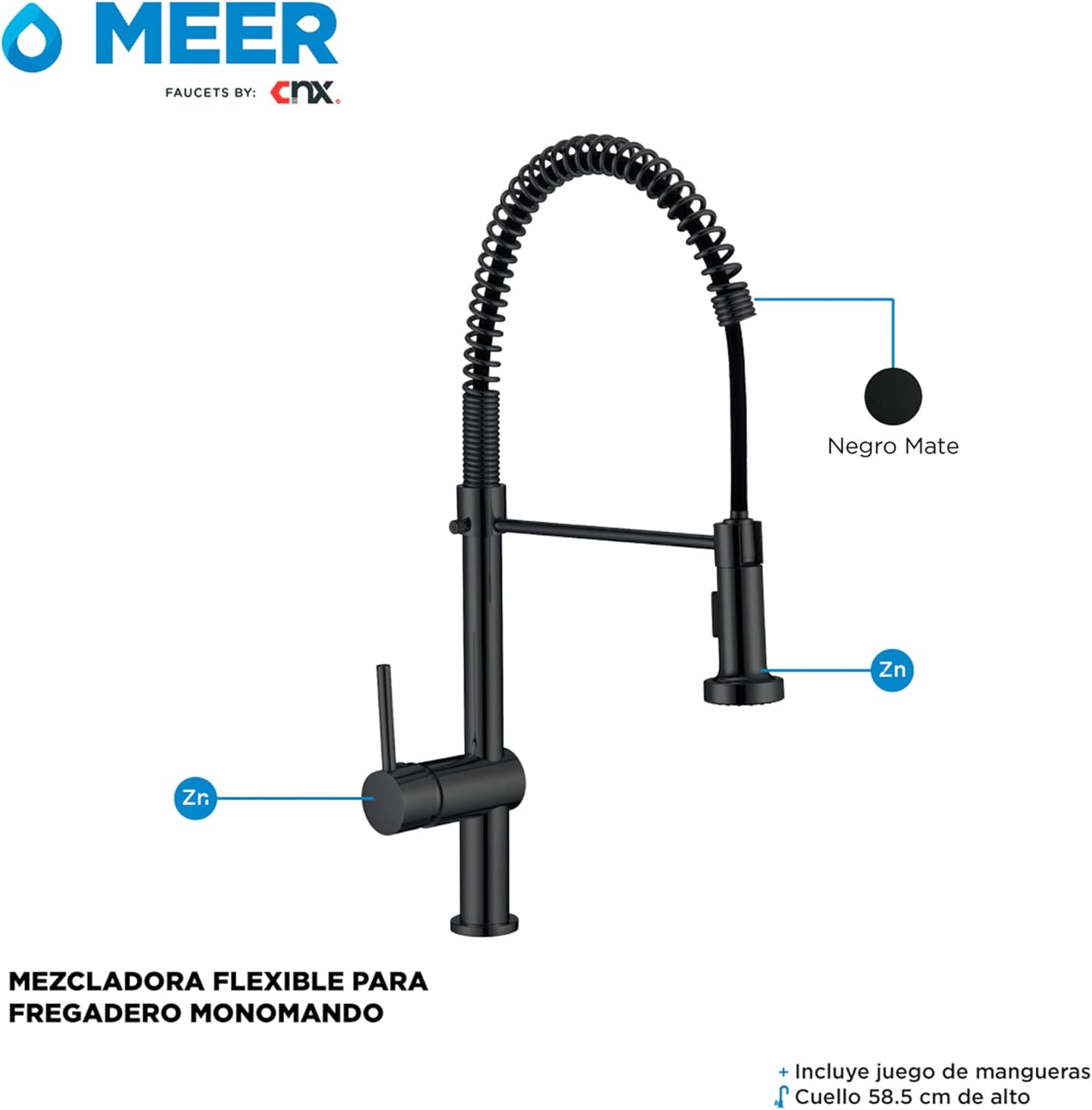 Mezcladora para Tarja de Cocina Monomando, Acero Inoxidable con Cuello Flexible y Giro 360°, Acabado Negro Mate 4
