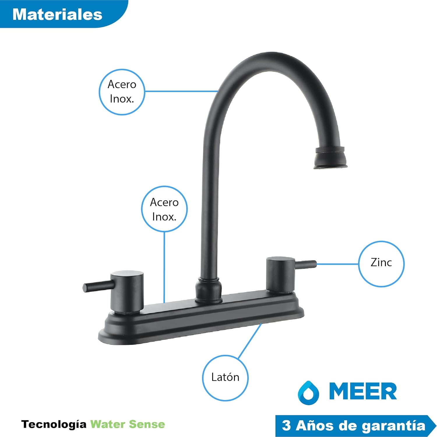 Mezcladora para Fregadero Acabado Negro Mate, Fabricada en Acero Inoxidable, Latón y Zinc, Altura de 29.5 cm e Instalación Rápida 4