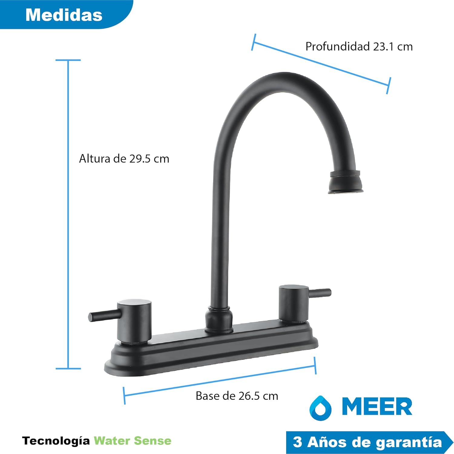Mezcladora para Fregadero Acabado Negro Mate, Fabricada en Acero Inoxidable, Latón y Zinc, Altura de 29.5 cm e Instalación Rápida 3