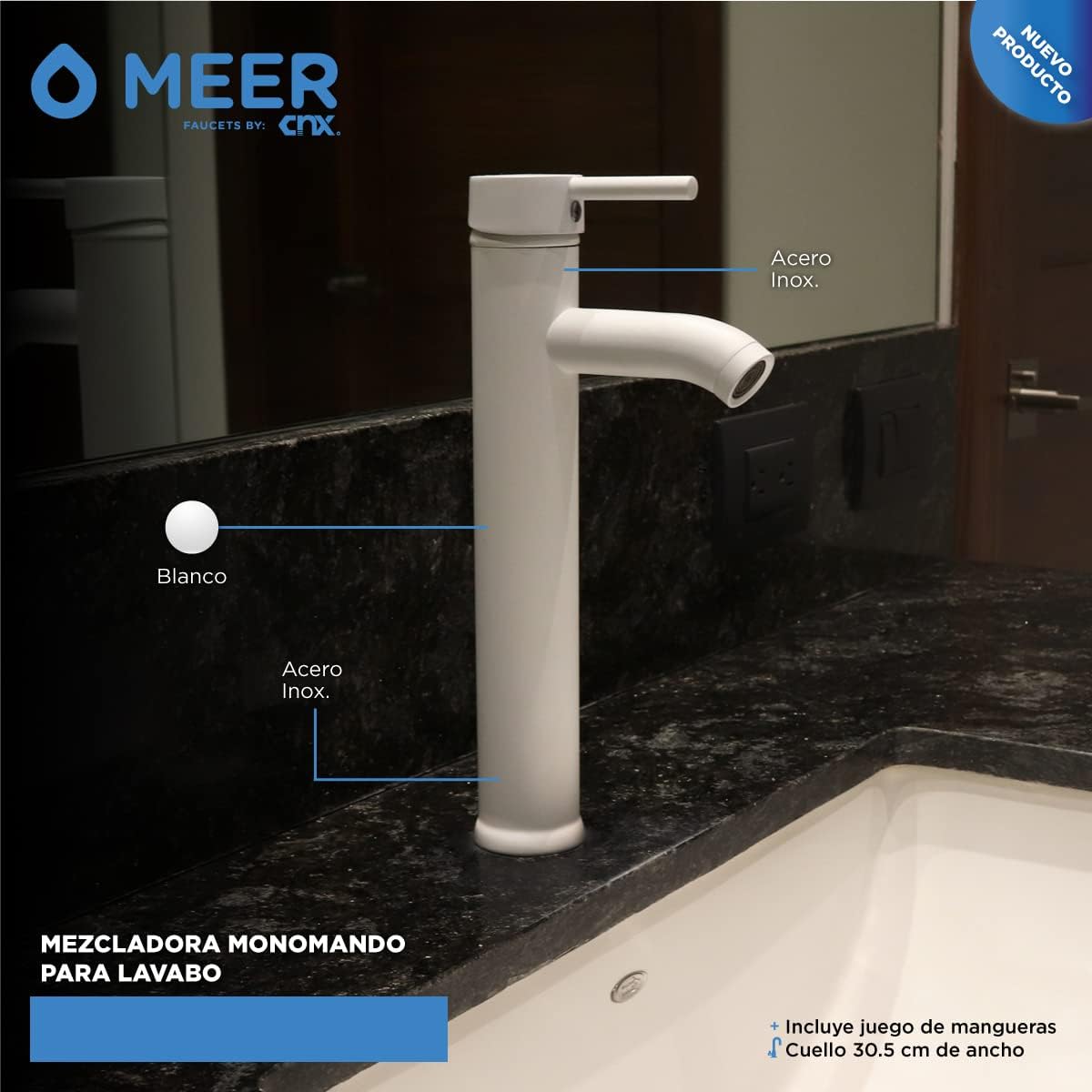 Mezcladora Monomando para Lavabo en Blanco Mate, Acero Inoxidable, 29 cm de Altura, Incluye Mangueras y Aireador Ahorrador 4