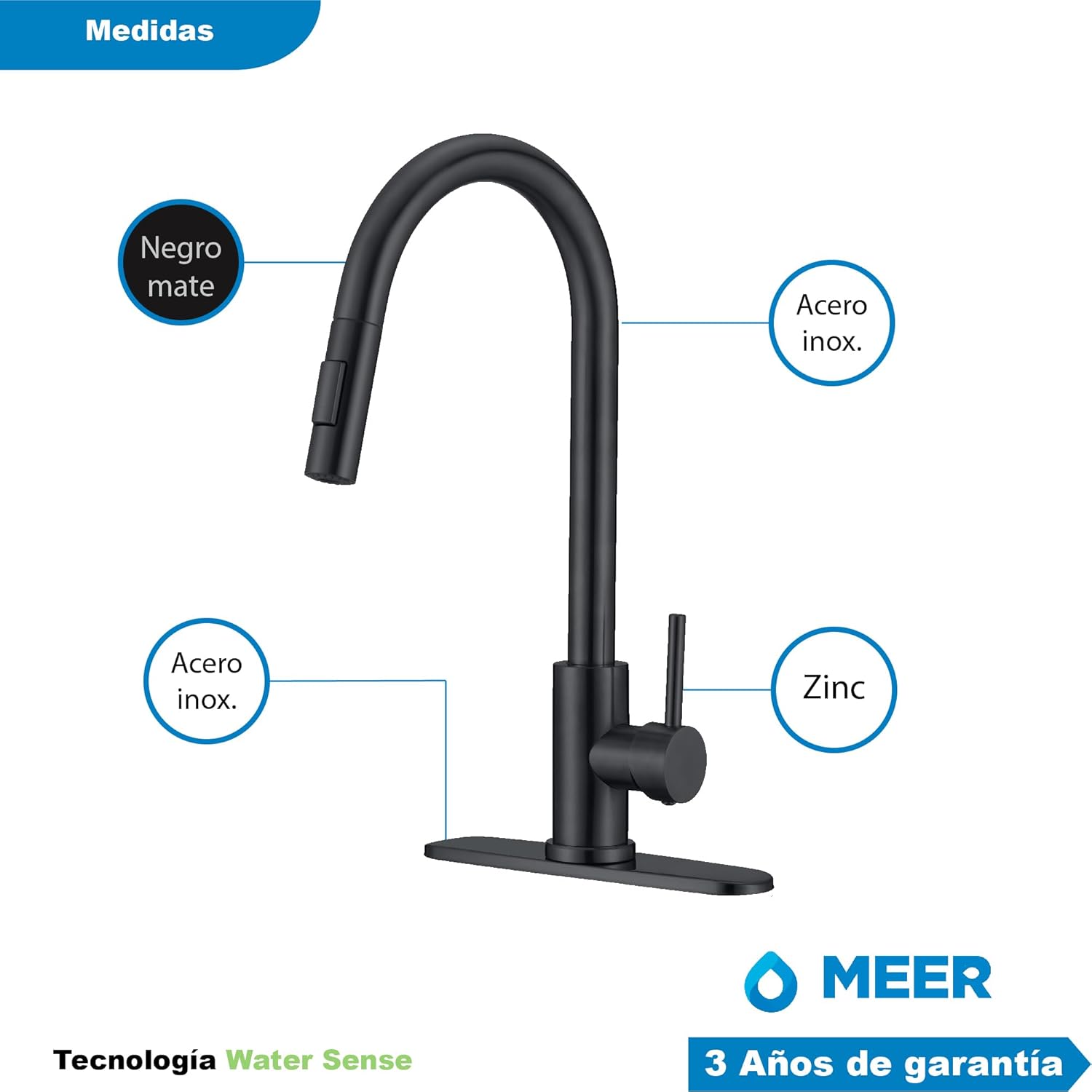 Mezcladora para Fregadero Monomando con Cuello Retractil y Dos Funciones de Chorro (Negro Mate) 5
