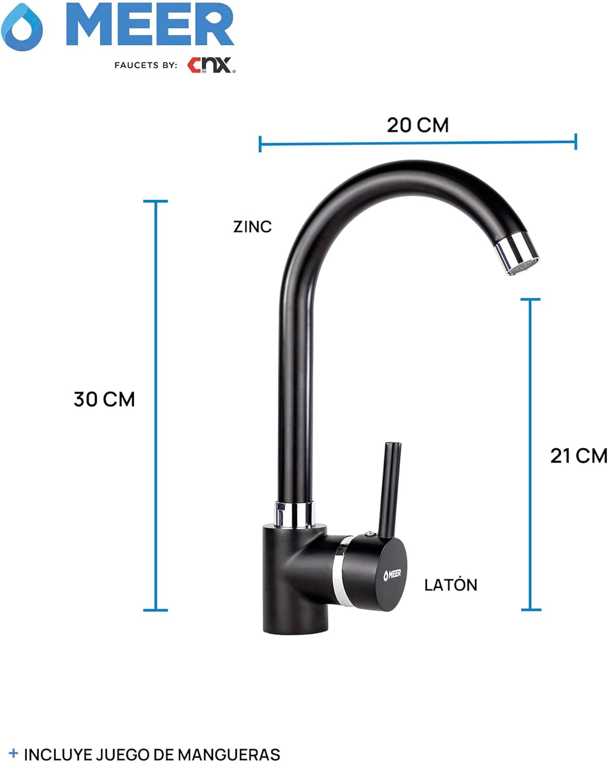 CNX Mezcladora Monomando para Fregadero en Negro Mate, Incluye mangueras para agua fría y caliente 3