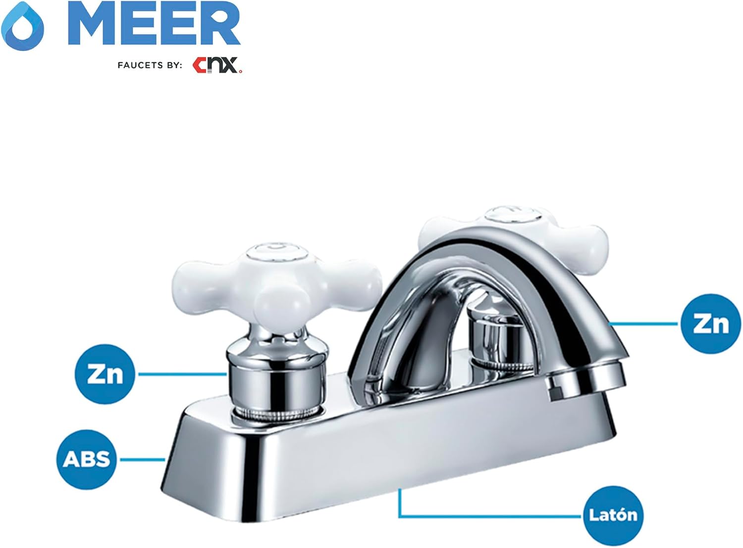 Mezcladora Cromada para Lavabo con Manerales Blancos y Señalizados, Fabricada en Zinc, Latón y ABS 4