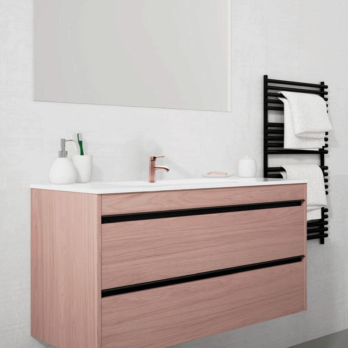 Mezcladora Monomando para Lavabo en Oro Rosado, Acero Inoxidable y Latón, Acabado Cepillado, Incluye Mangueras y Kit de Instalación
