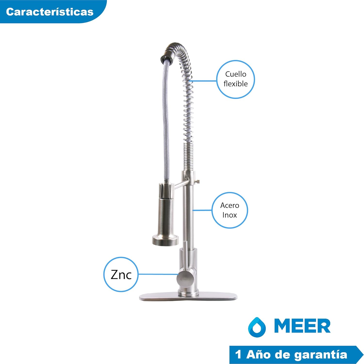 Mezcladora para Cocina de Acero Inoxidable Monomando con Cuello Flexible y Dos Funciones de Chorro, Cabezal Retráctil y Acabado Satinado 4