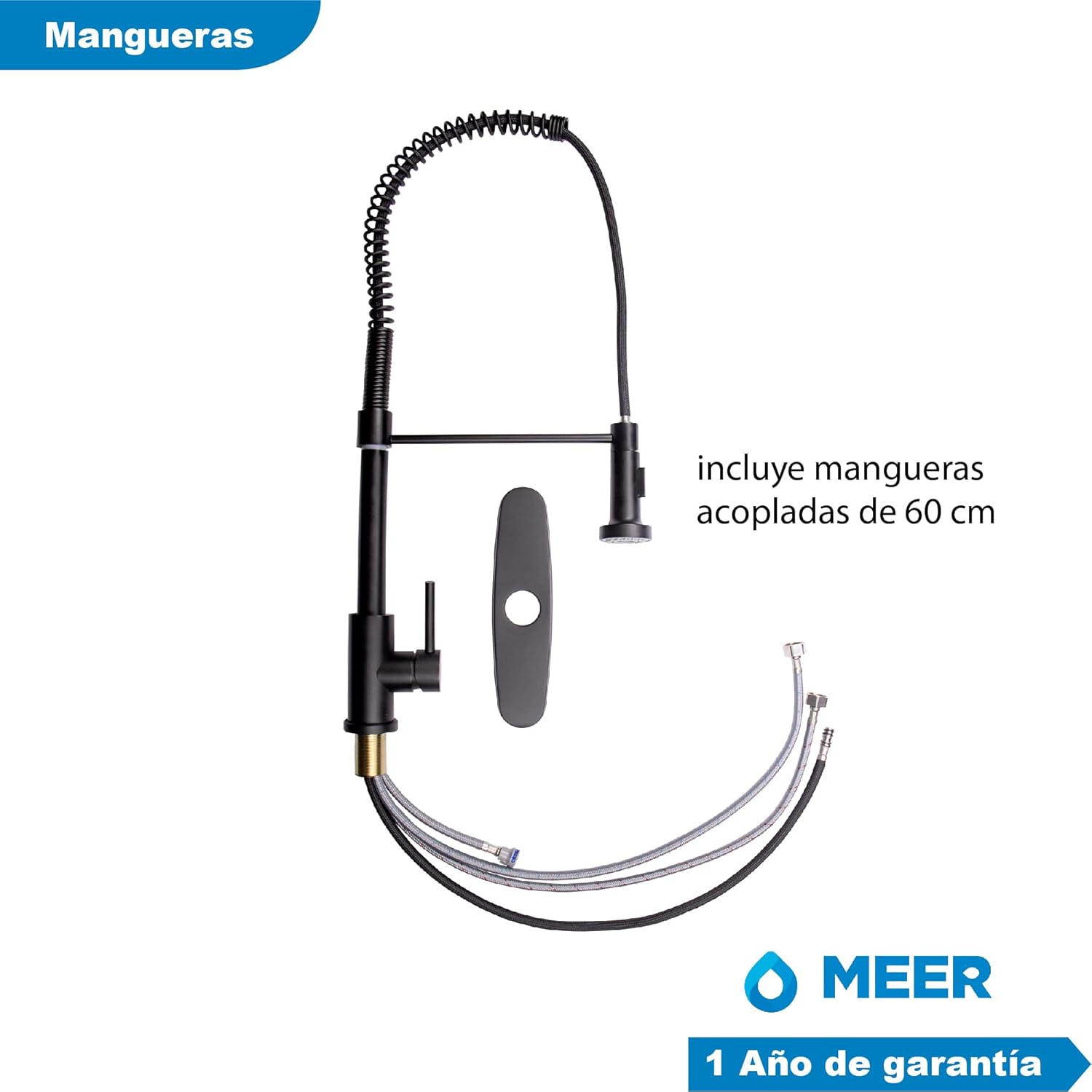 Mezcladora para Cocina de Acero Inoxidable Monomando con Cuello Flexible y Dos Funciones de Chorro, Giro 360° y Acabado Negro Mate 4
