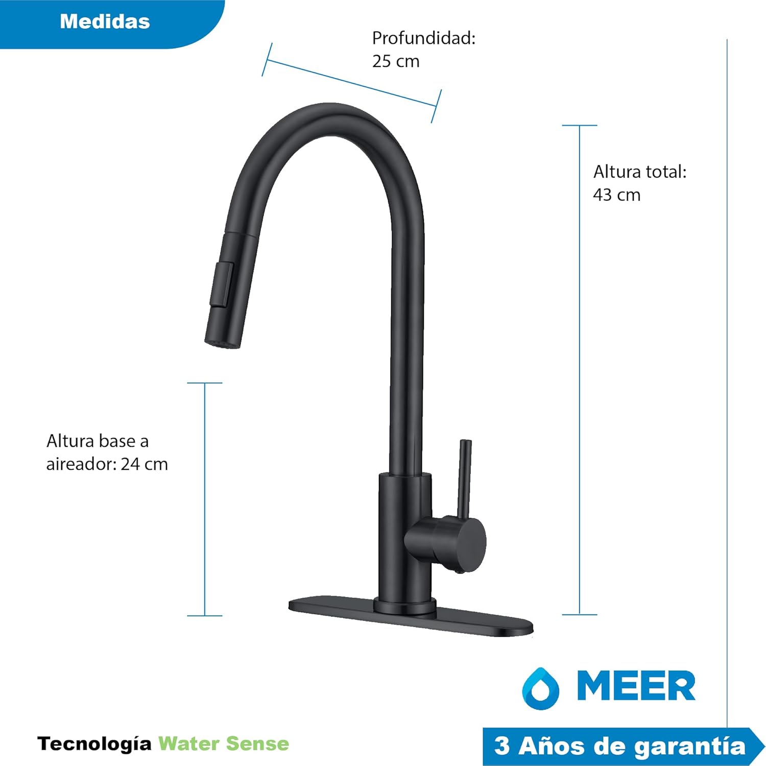 Mezcladora para Fregadero Monomando con Cuello Retractil y Dos Funciones de Chorro (Negro Mate) 3