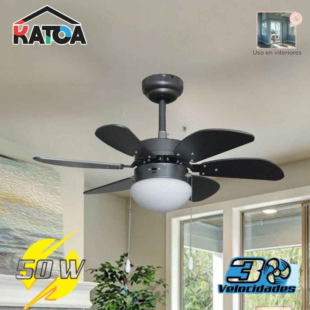 Ventilador de Techo Decorativo KATOA 30” – 3 Velocidades, Motor de 50W, Silencioso y Estético (Negro) 4