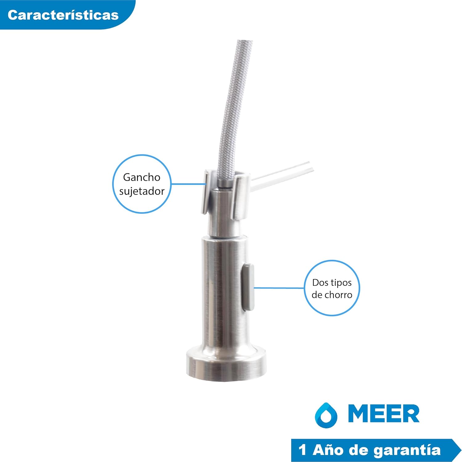 Mezcladora para Cocina de Acero Inoxidable Monomando con Cuello Flexible y Dos Funciones de Chorro, Cabezal Retráctil y Acabado Satinado 5