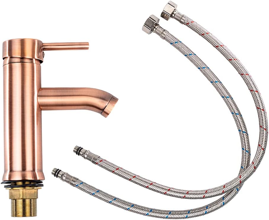 Mezcladora Monomando para Lavabo en Oro Rosado, Acero Inoxidable y Latón, Acabado Cepillado, Incluye Mangueras y Kit de Instalación 4