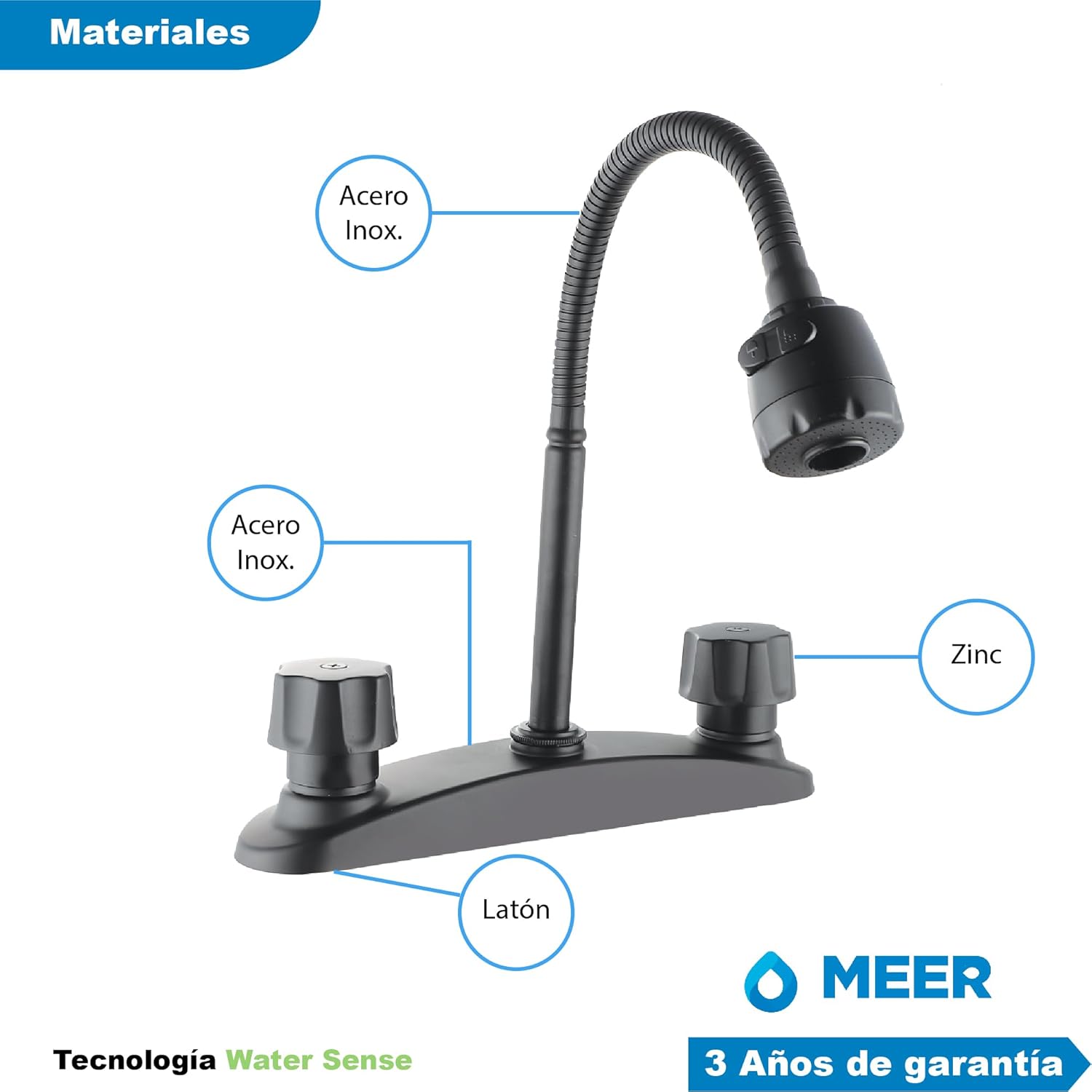 Mezcladora para Fregadero con Cuello Flexible y Dos Funciones de Chorro (Negro Mate) 4