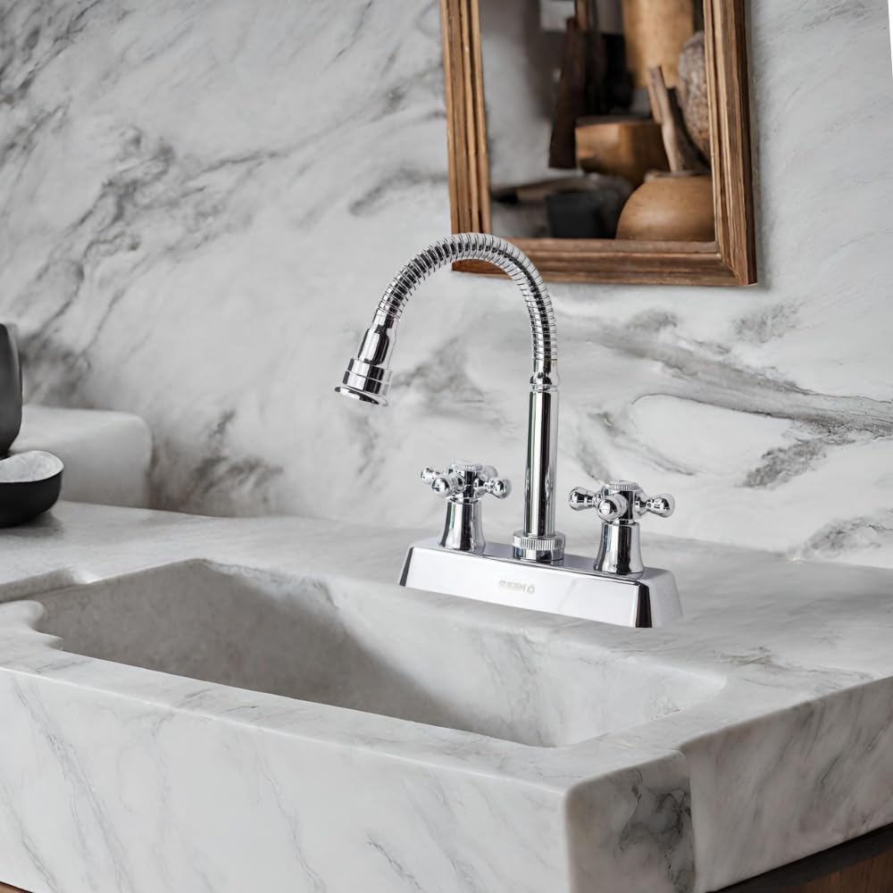 Mezcladora para Lavabo Cromada con Cuello Flexible 360°, Fabricada en Acero Inoxidable, Zinc y ABS, Sistema de 1/4 de Vuelta y Fácil Instalación