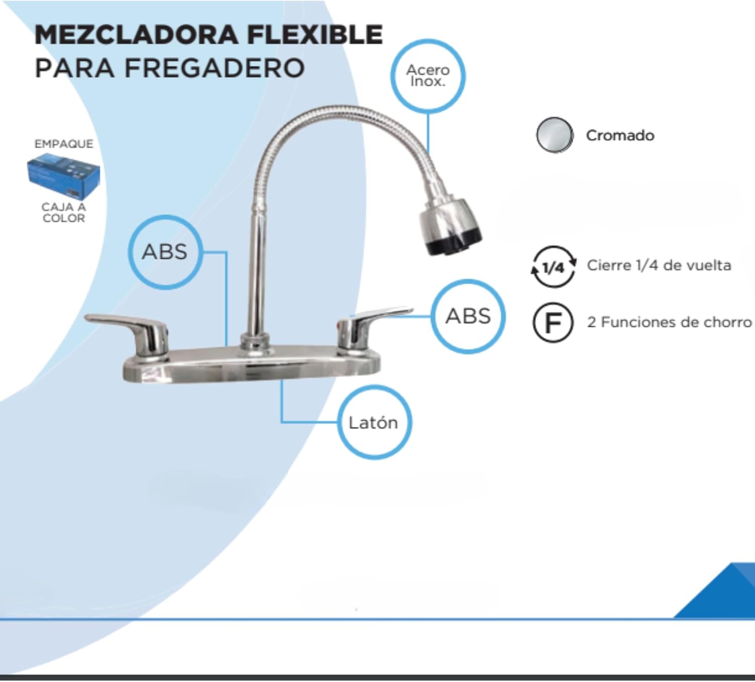 Mezcladora Flexible Cromada para Fregadero con Doble Comando, Fabricada en Acero Inoxidable y ABS, Cuello de 48 cm e Instalación Rápida 4