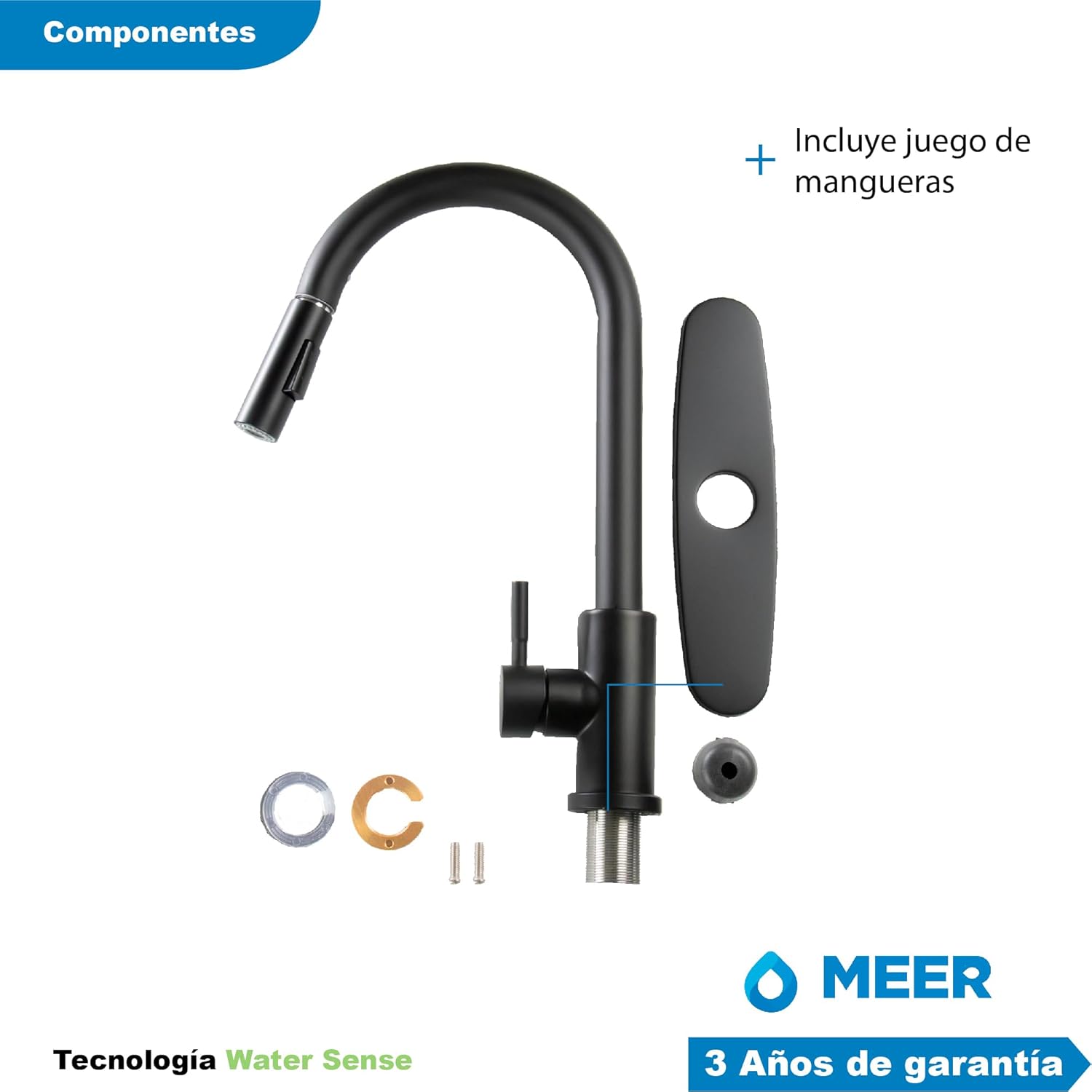 Mezcladora para Fregadero Monomando con Cuello Retractil y Dos Funciones de Chorro (Negro Mate) 6