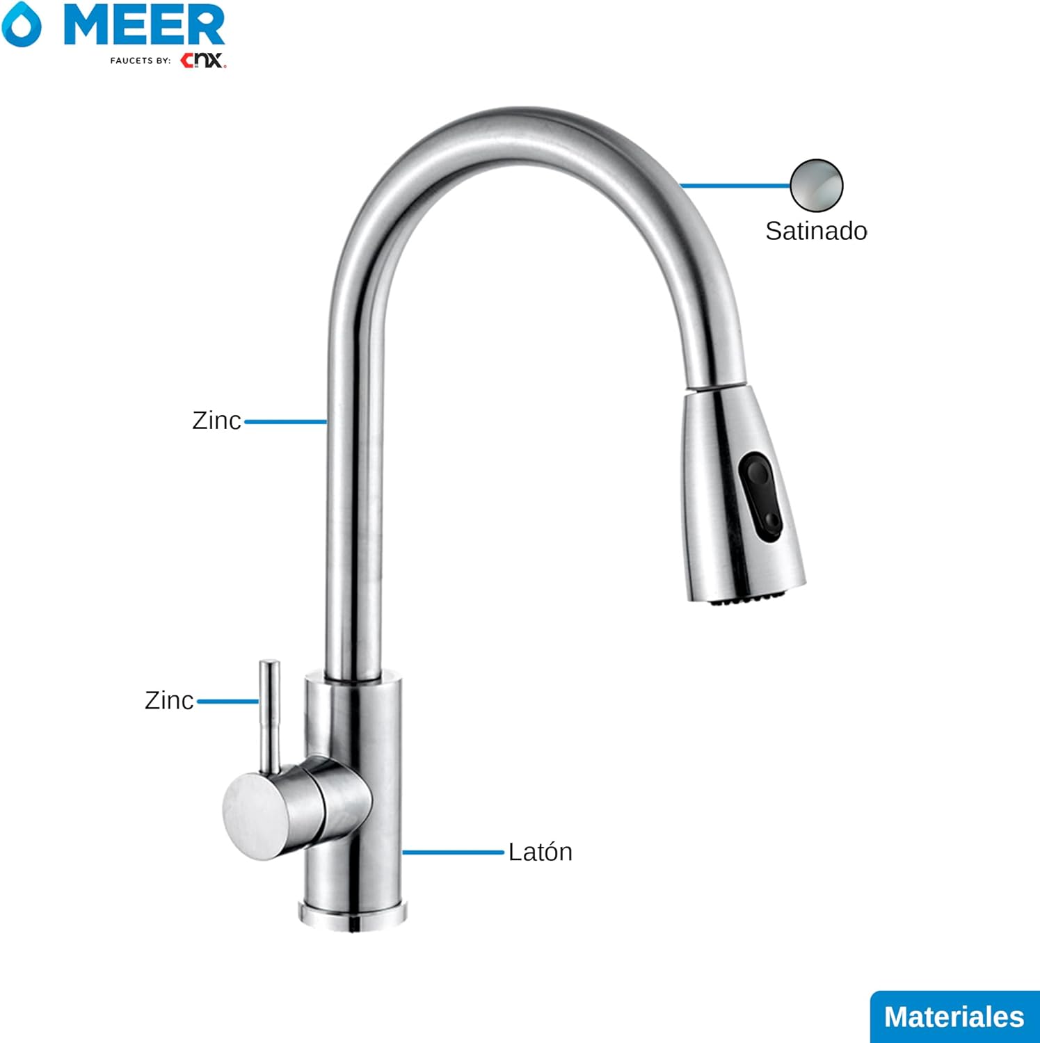 Mezcladora para Fregadero con Dos Funciones de Chorro y Cuello Retráctil (manguera de 55 cm) de Zinc y Latón Satinado 6