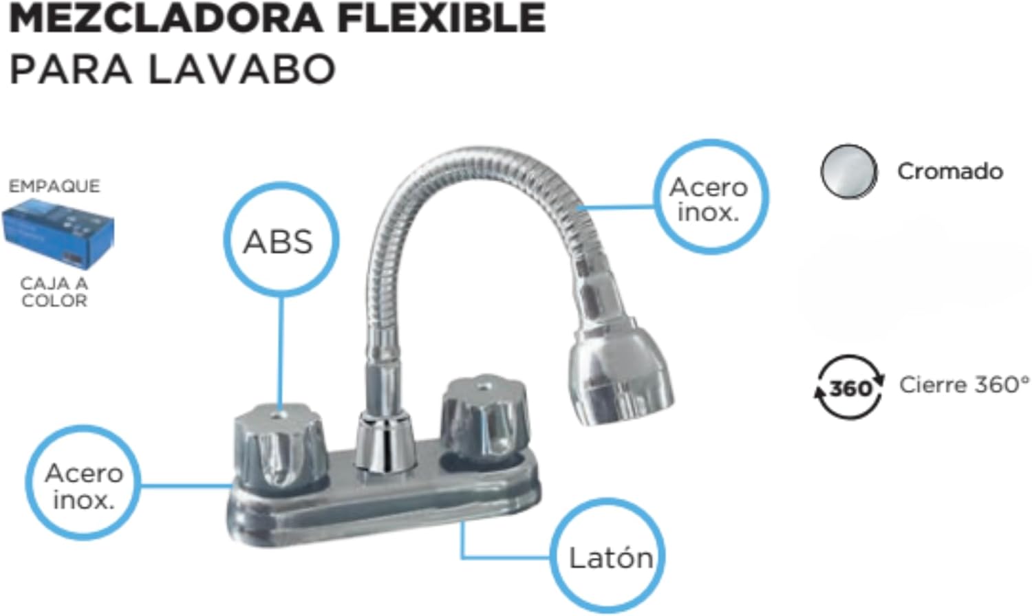 Mezcladora Flexible para Lavabo de Baño en Acero Inoxidable, Latón y ABS, Montaje en Cubierta y Fácil Instalación 5