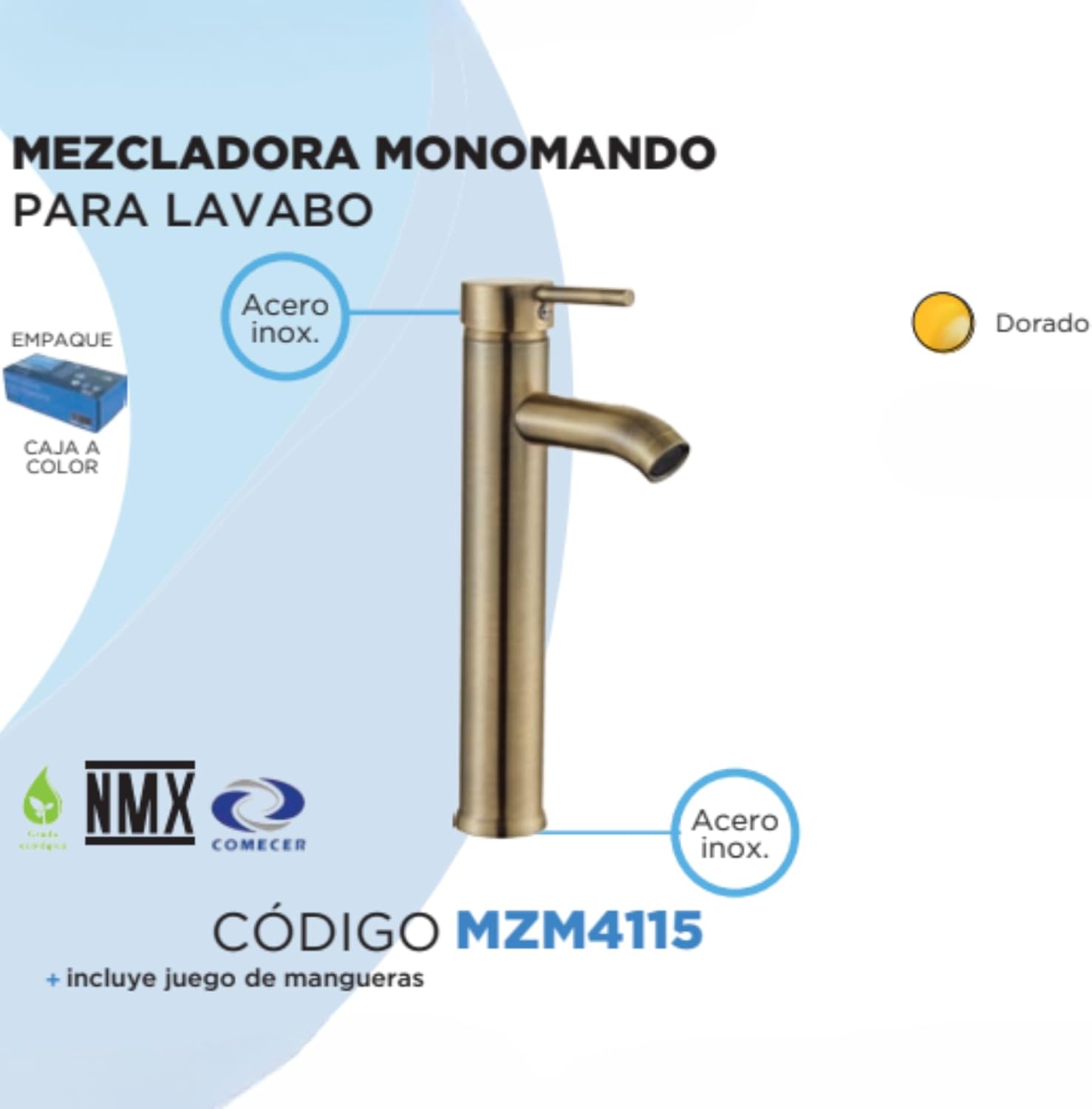 Mezcladora Monomando para Lavabo en Dorado Cepillado, Acero Inoxidable, 30.5 cm de Altura, Ahorro de Agua y Fácil Instalación 4