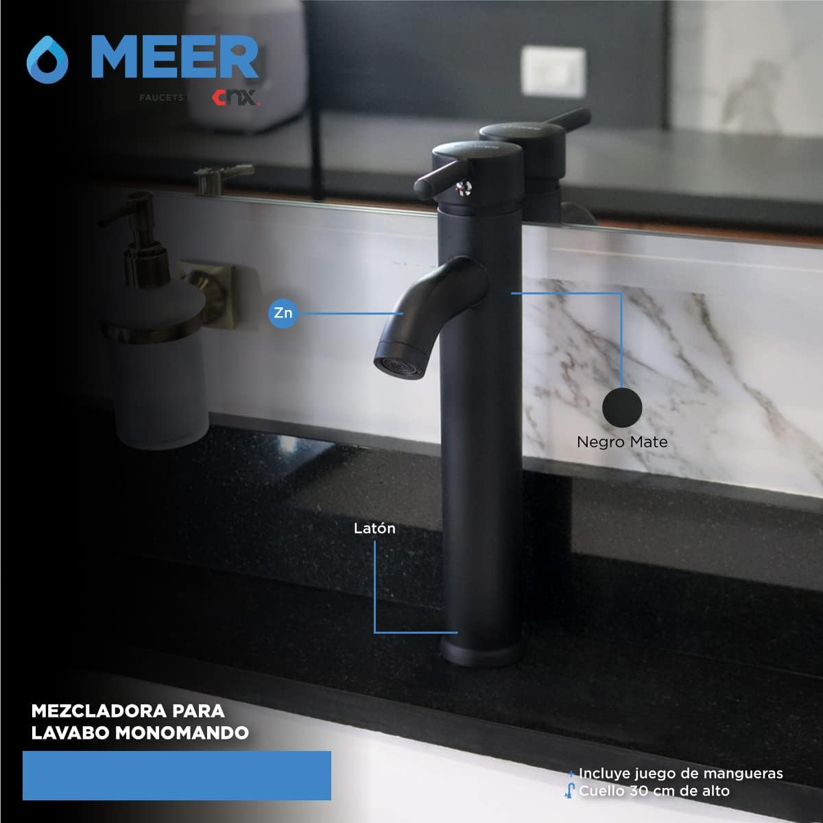 Mezcladora Monomando para Lavabo en Negro Mate, Fabricada en Latón y Zinc, Acabado Antihuellas, Incluye Mangueras e Instalación Rápida 4