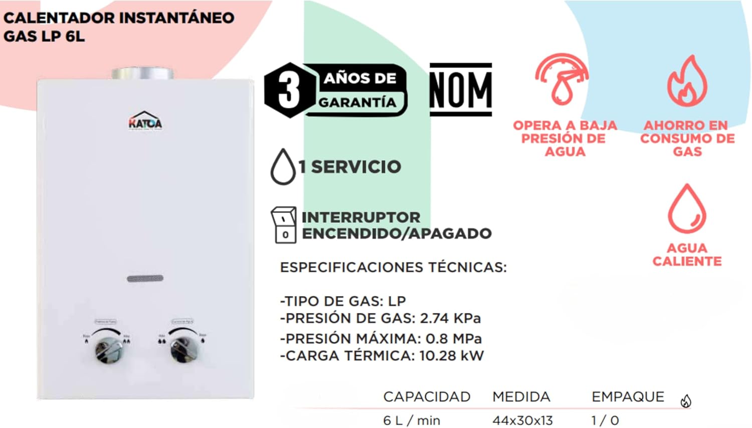 Boiler de Paso KATOA 6 Litros – Gas LP, Baja Presión y Ahorro de Energía 4
