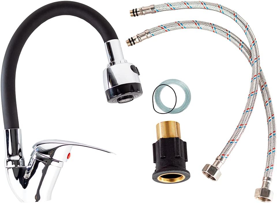 Mezcladora Monomando con Cuello Flexible de Silicón para Fregadero, Doble Chorro, Incluye Mangueras, Diseño Cromo y Negro 4