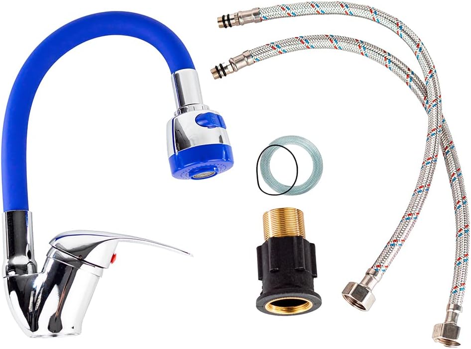 Mezcladora Monomando con Cuello Flexible de Silicón para Fregadero, Doble Chorro, Incluye Mangueras, Diseño Cromo y Azul 4