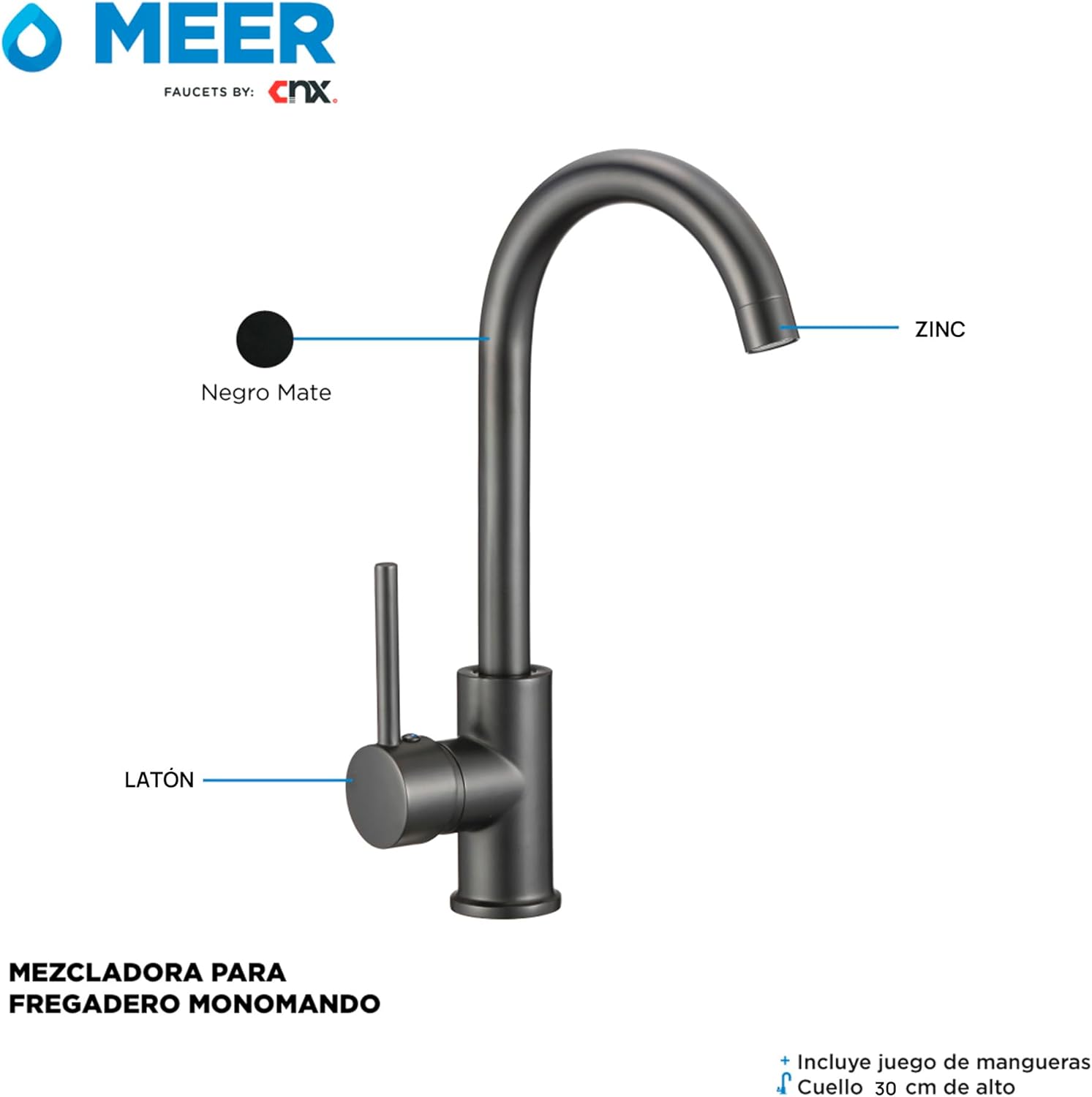 Llave Mezcladora para Cocina Monomando con Cuello de 40 cm, Fabricada en Zinc y Latón, Incluye Mangueras y Tecnología Water Sense 4