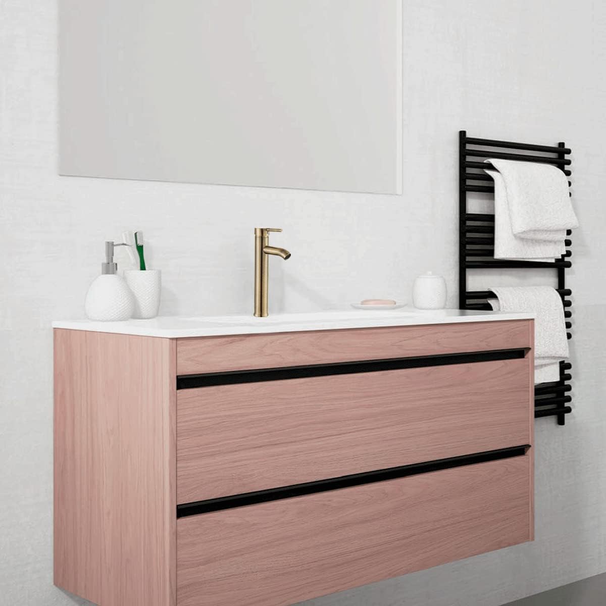 Mezcladora Monomando para Lavabo en Dorado Cepillado, Acero Inoxidable, 30.5 cm de Altura, Ahorro de Agua y Fácil Instalación
