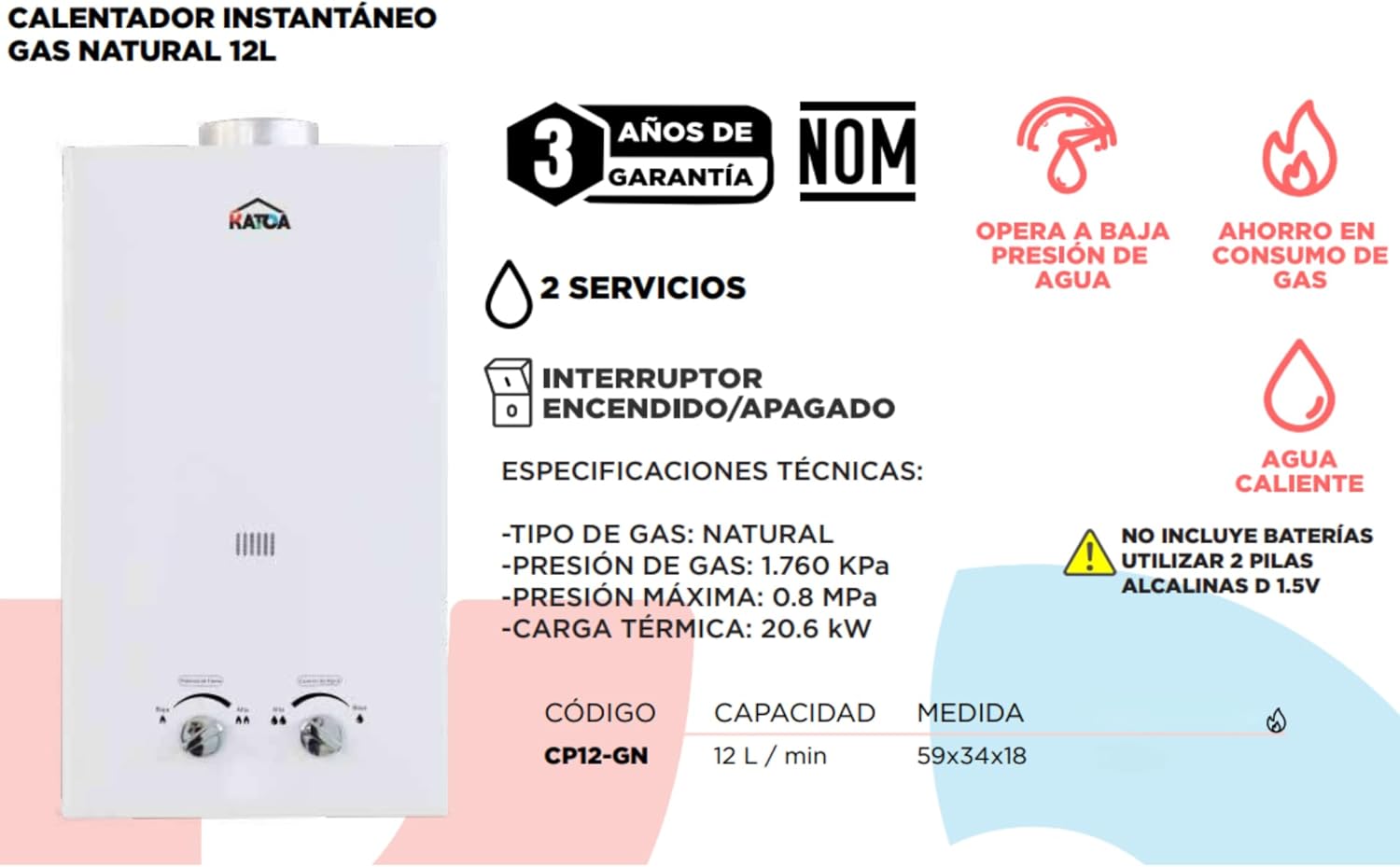Boiler de Paso KATOA 12 Litros – Gas Natural, Agua Instantánea y Ahorro de Energía 3