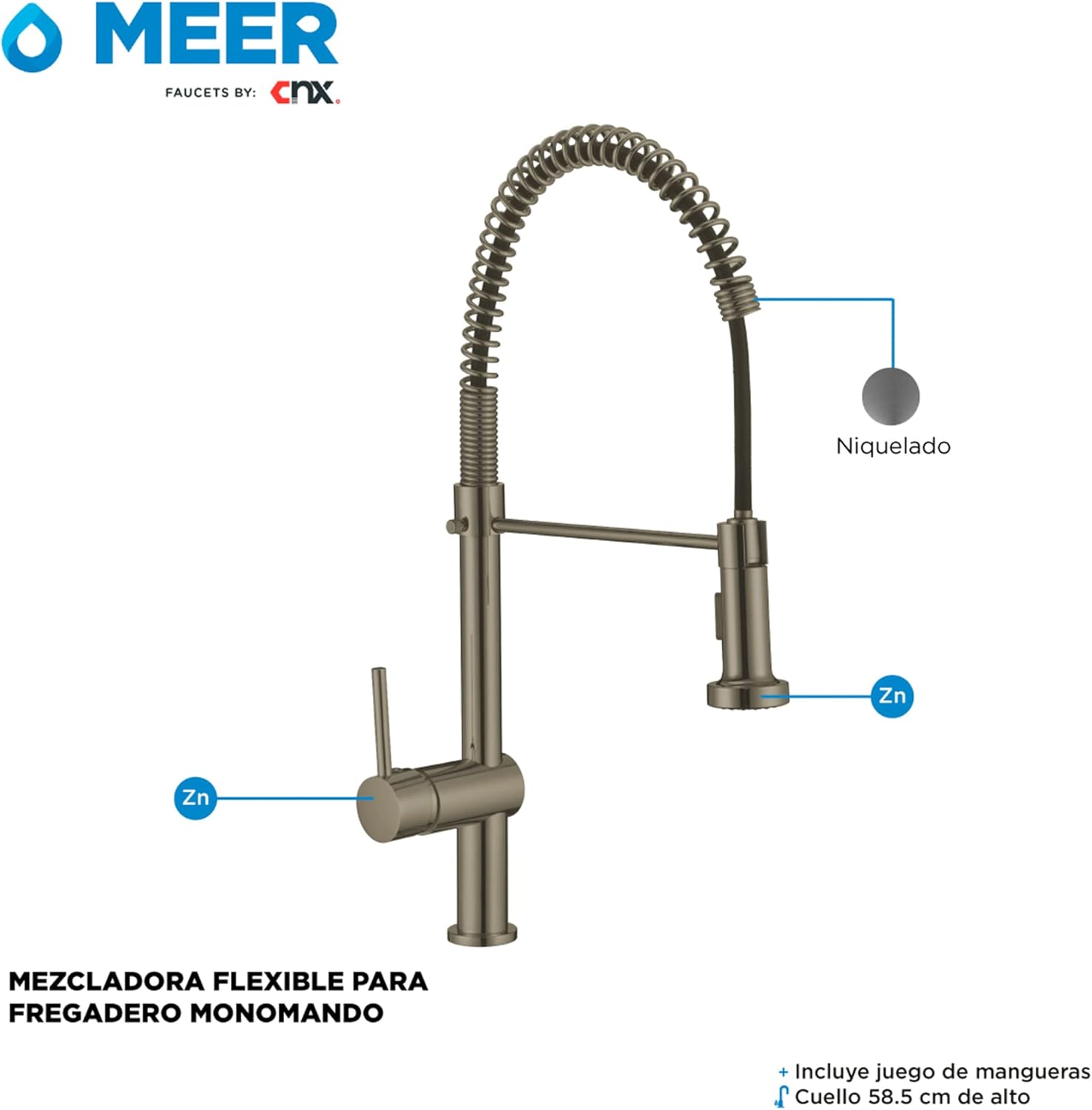 Mezcladora para Tarja de Cocina Monomando, Acero Inoxidable con Cuello Flexible y Giro 360°, Acabado Niquelado 3