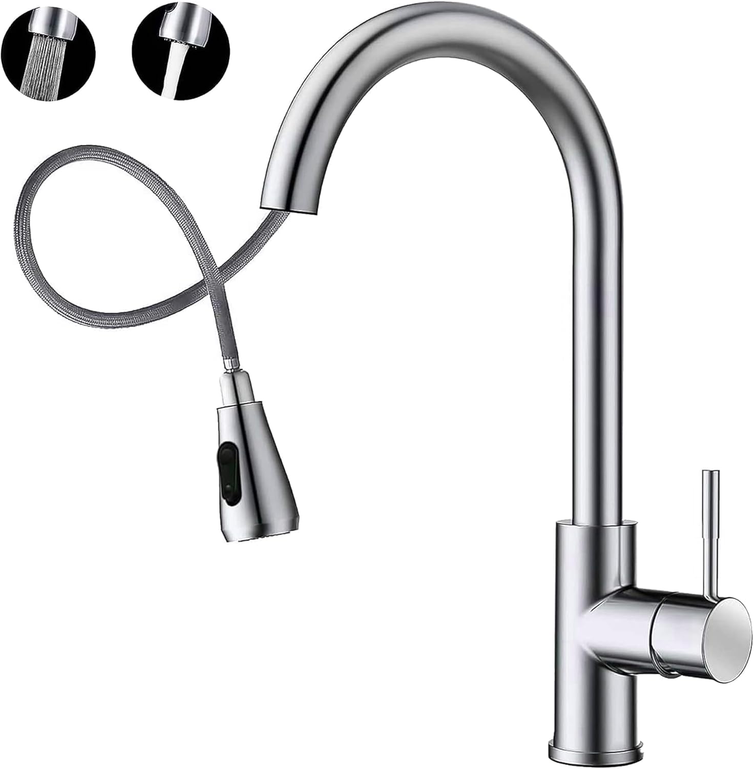Mezcladora para Fregadero con Dos Funciones de Chorro y Cuello Retráctil (manguera de 55 cm) de Zinc y Latón Satinado 5
