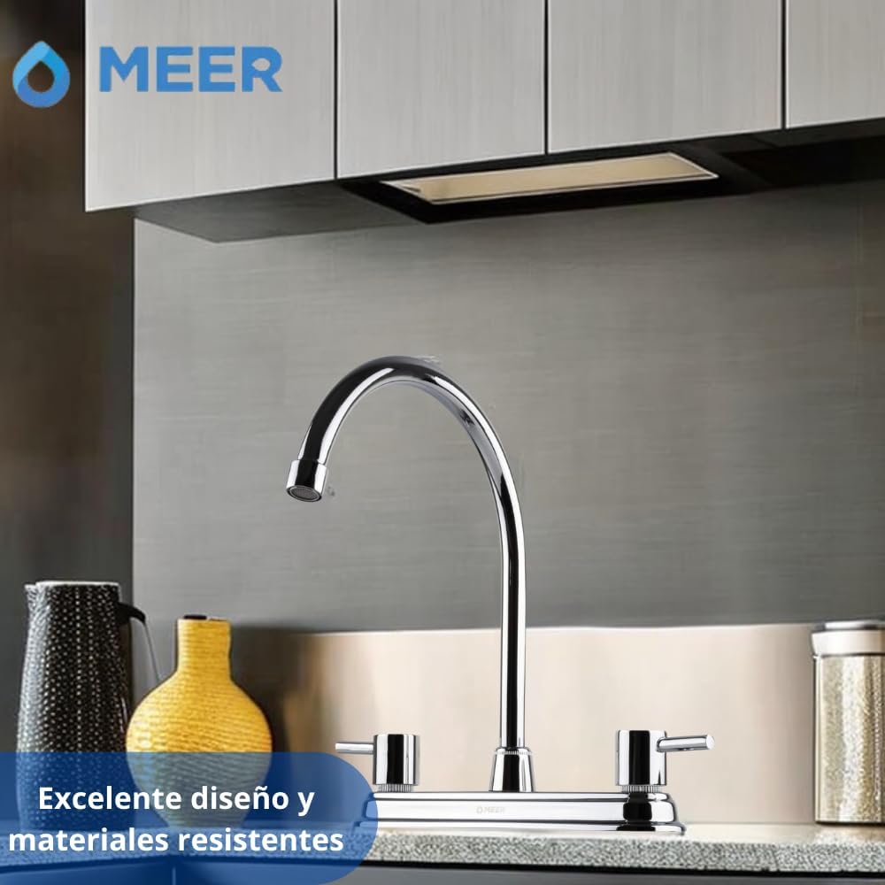 Mezcladora para Fregadero MEER Faucets by CNX, Mezcladora para Cocina de Acero Inoxidable, Zinc y Latón Cromado. Cuello Rígido con Rotación de 1/4 4