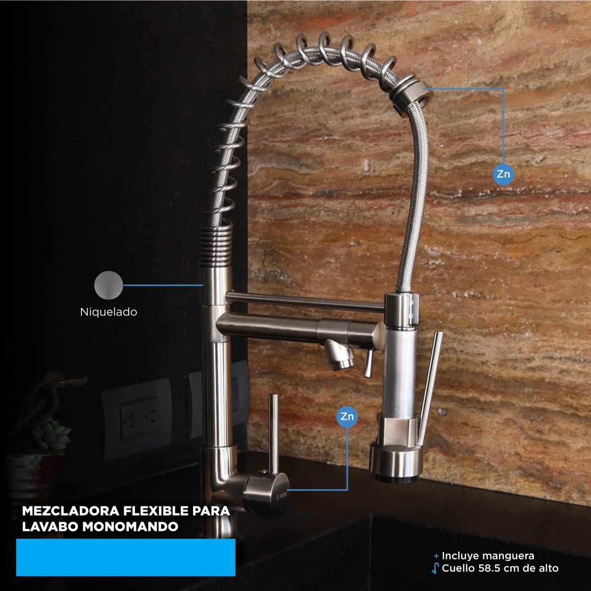 Llave Mezcladora para Cocina (Monomando y Flexible) Grifo para Fregadero Con Acabado Niquelado 6