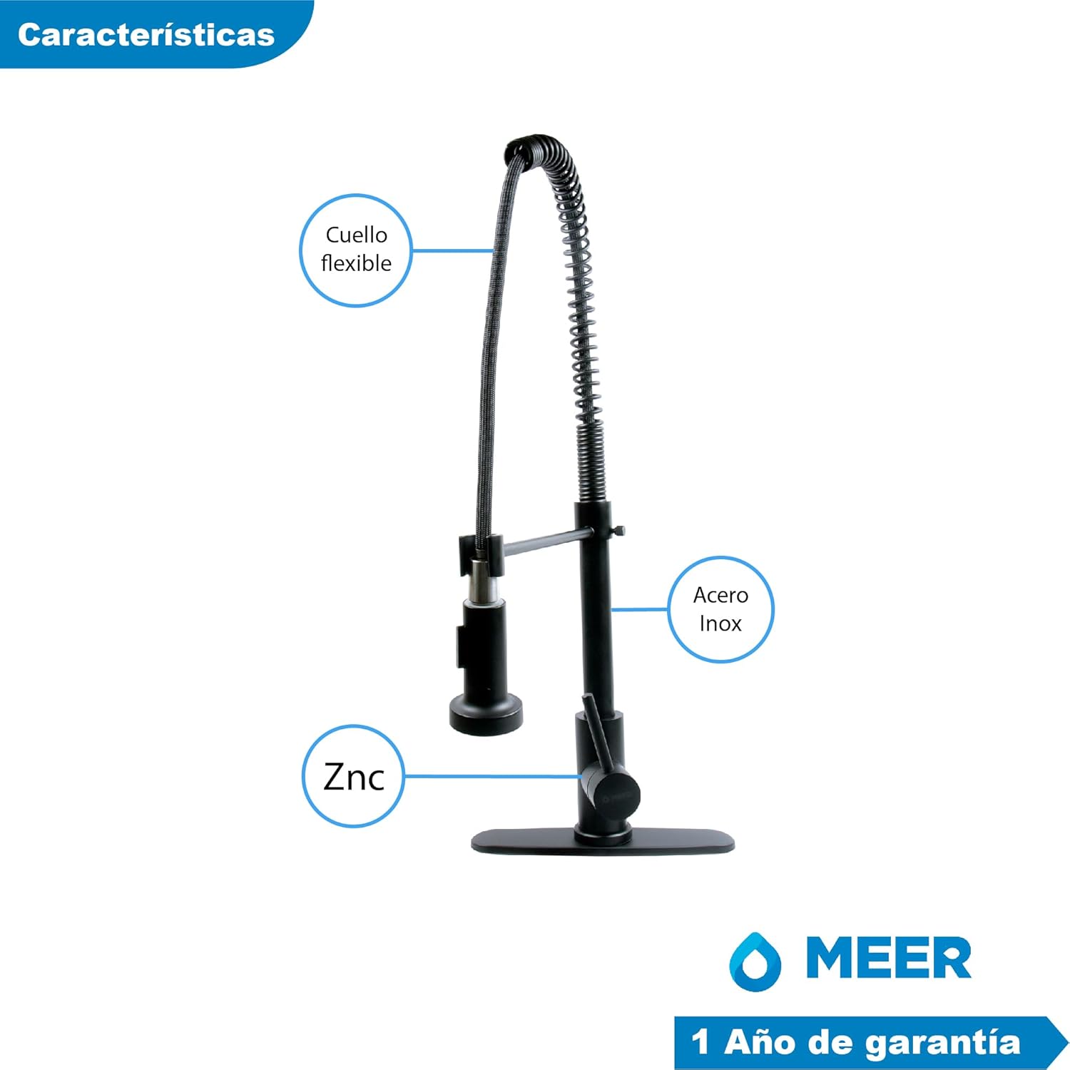 Mezcladora para Cocina de Acero Inoxidable Monomando con Cuello Flexible y Dos Funciones de Chorro, Giro 360° y Acabado Negro Mate 5