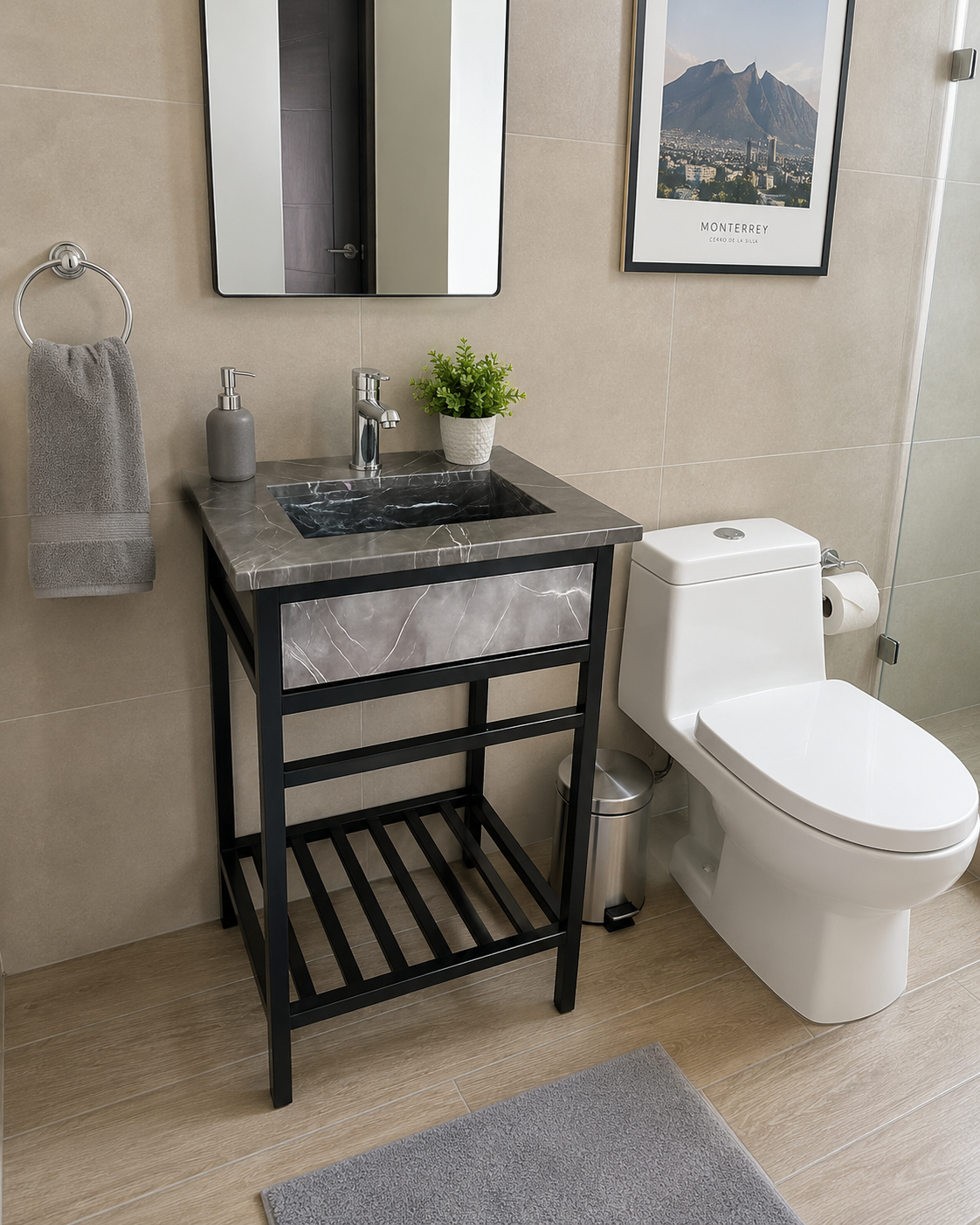 Lavabo Moderno de Mármol Santo Tomás y Estructura de PTR, 48.5cmx37.5cmx86cm