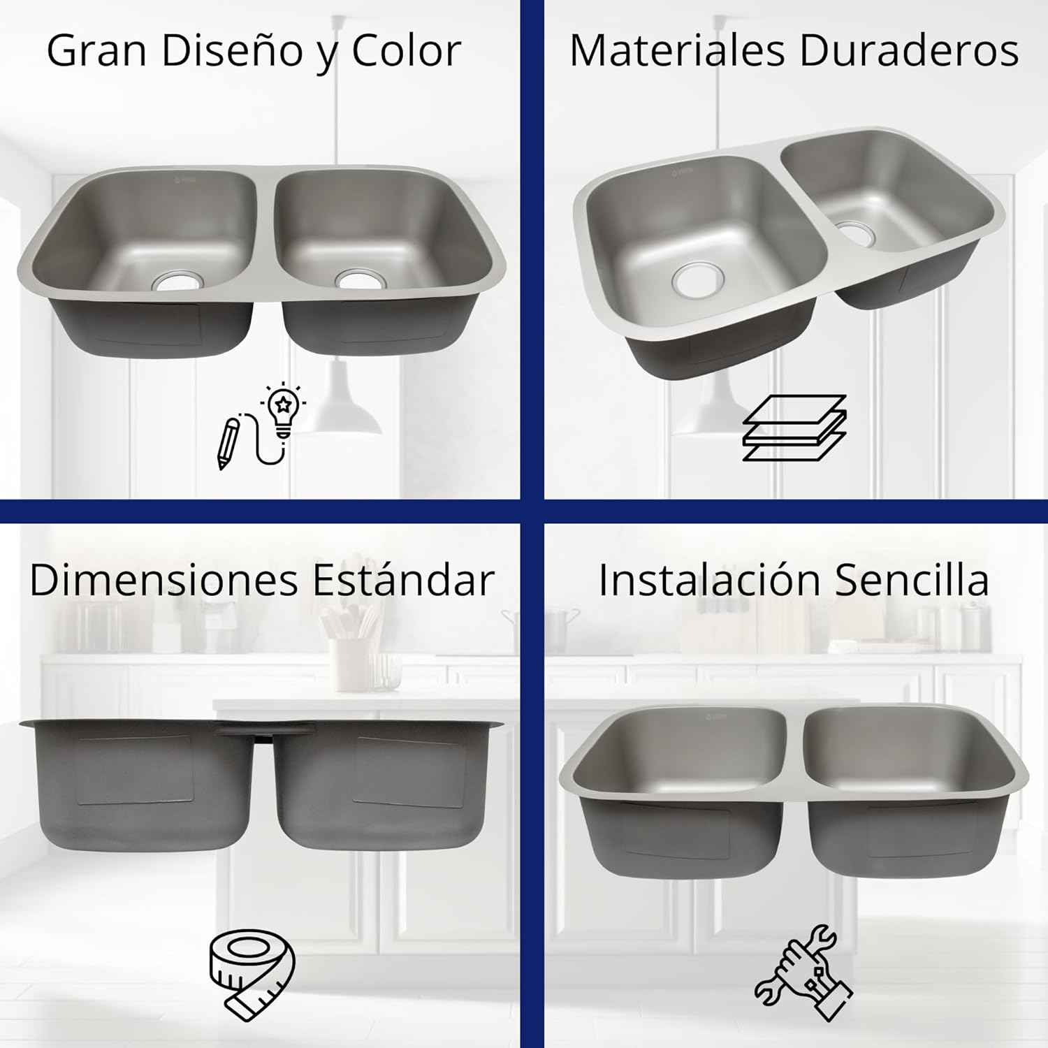 Tarja Doble Para Submontar 82X47cm con Mezcladora Premium, Soporte de Esponja de Regalo 4