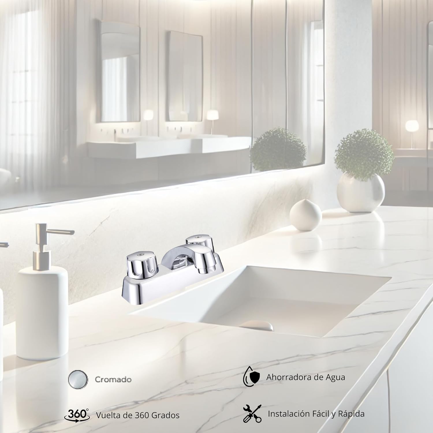 Mezcladora Cromada para Lavabo Fabricada en Acero Inoxidable, Zinc y Latón, con Medidas Estándar 3