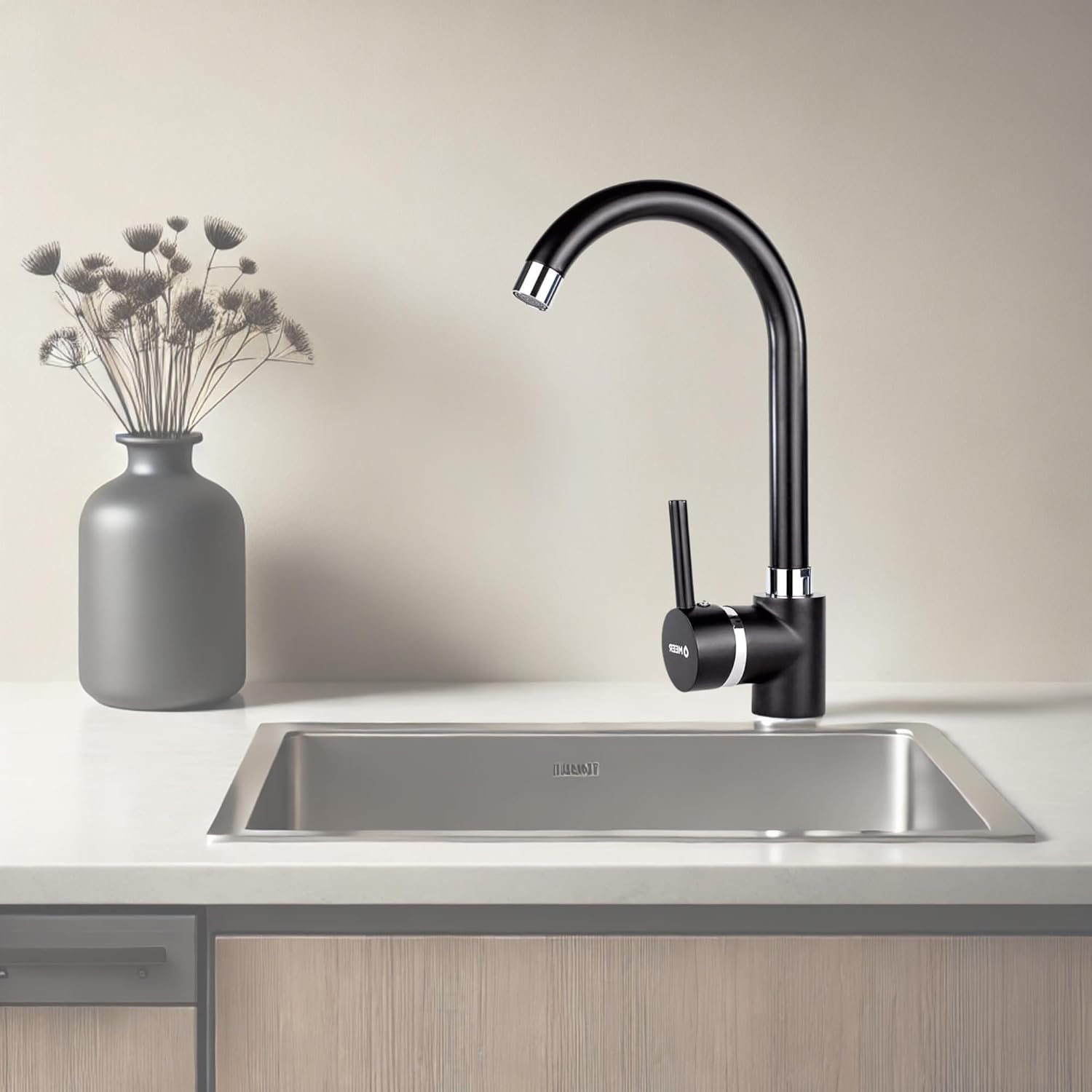 CNX Mezcladora Monomando para Fregadero en Negro Mate, Incluye mangueras para agua fría y caliente