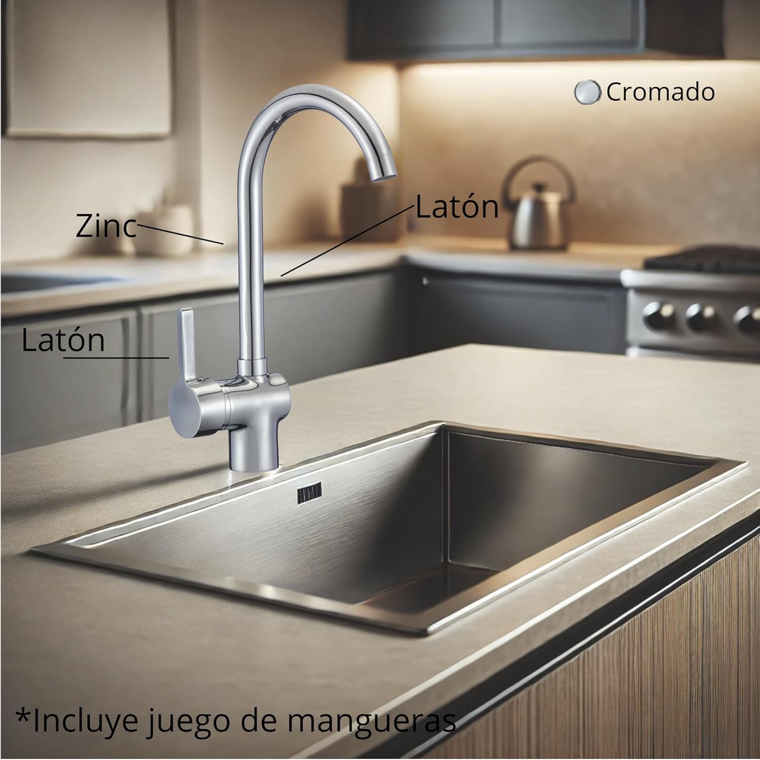 Mezcladora Monomando para Fregadero de Cocina de Latón en Acabado Cromado Fácil Instalación 4