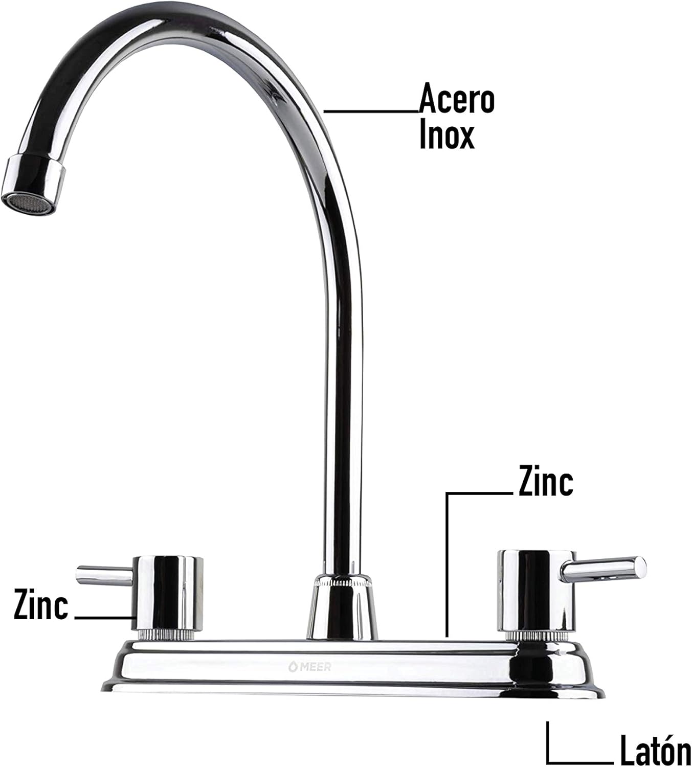 Mezcladora para Fregadero MEER Faucets by CNX, Mezcladora para Cocina de Acero Inoxidable, Zinc y Latón Cromado. Cuello Rígido con Rotación de 1/4 6