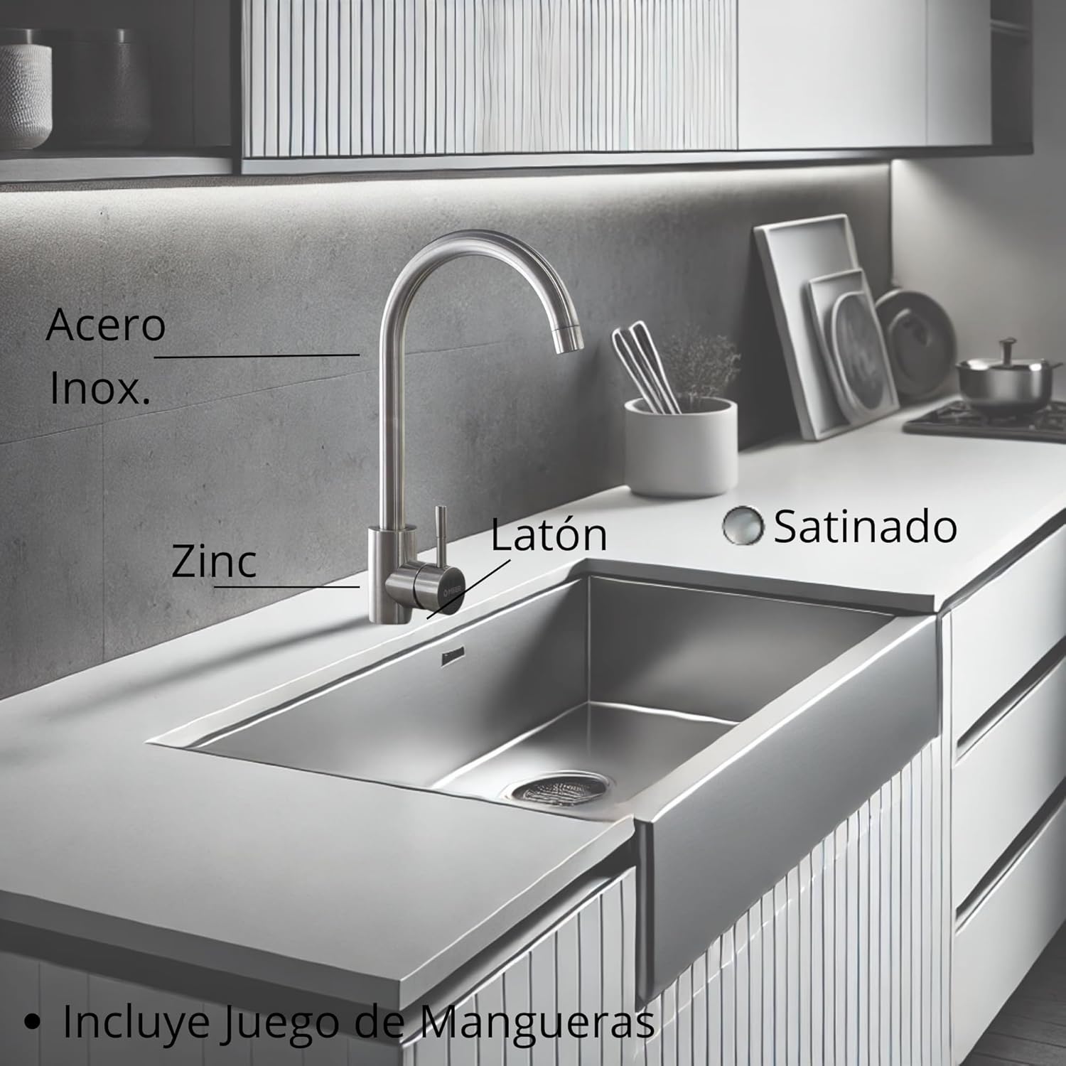 Mezcladora para Cocina, Mezcladora para Fregadero con Acabado Satinado, (Grifo de Agua), Monomando, Incluye Mangueras para Instalación 4