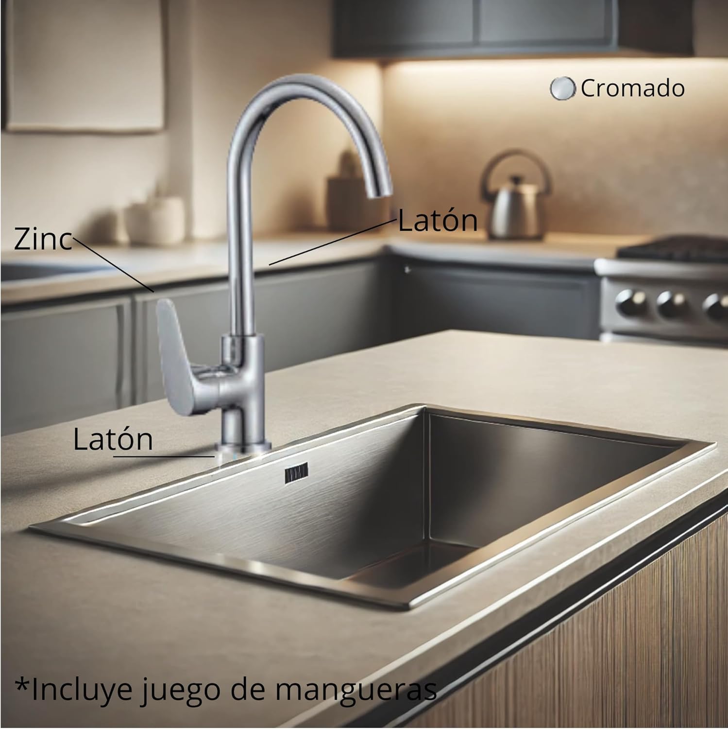 Mezcladora Monomando para Fregadero de Cocina, Acabado Cromado, Cuello Giratorio 360°, Instalación Rápida y Alta Durabilidad 3