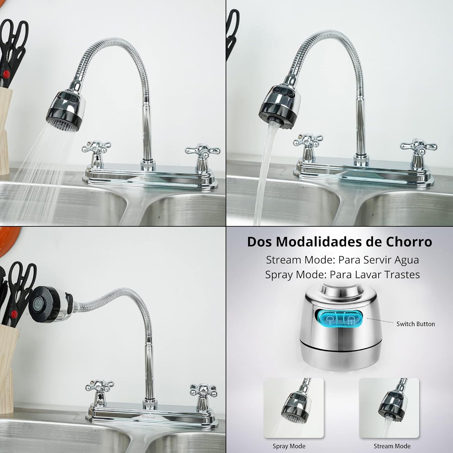 Mezcladora Flexible para Fregadero con Aireador, 2 Funciones de Chorro, Acabado Cromado, Cuello de 360°, Fabricada en Latón, Acero Inoxidable, ABS y Zinc 4