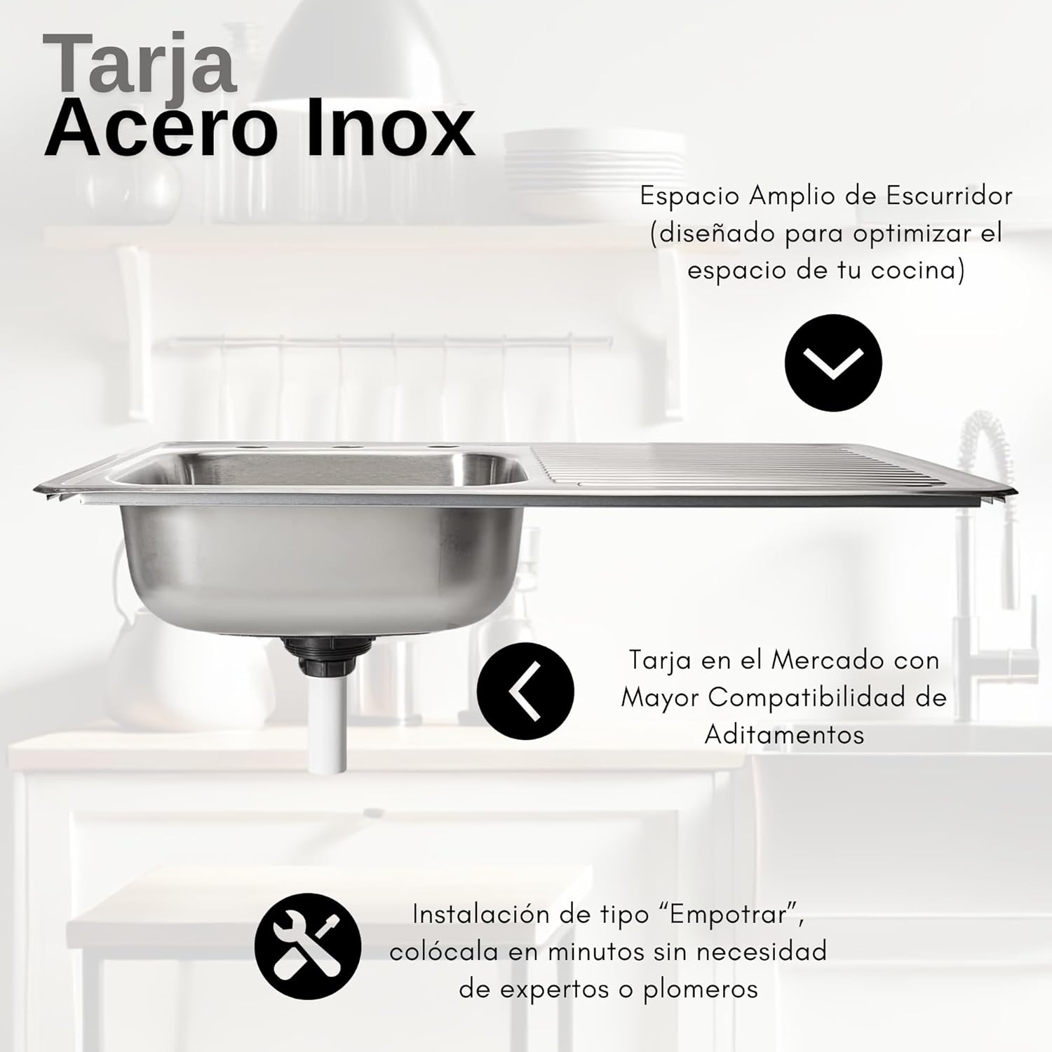 Kit perrón de tarja sencilla, Incluye Tarja, Monomando, Escurridor, Tabla y kit instalación 6
