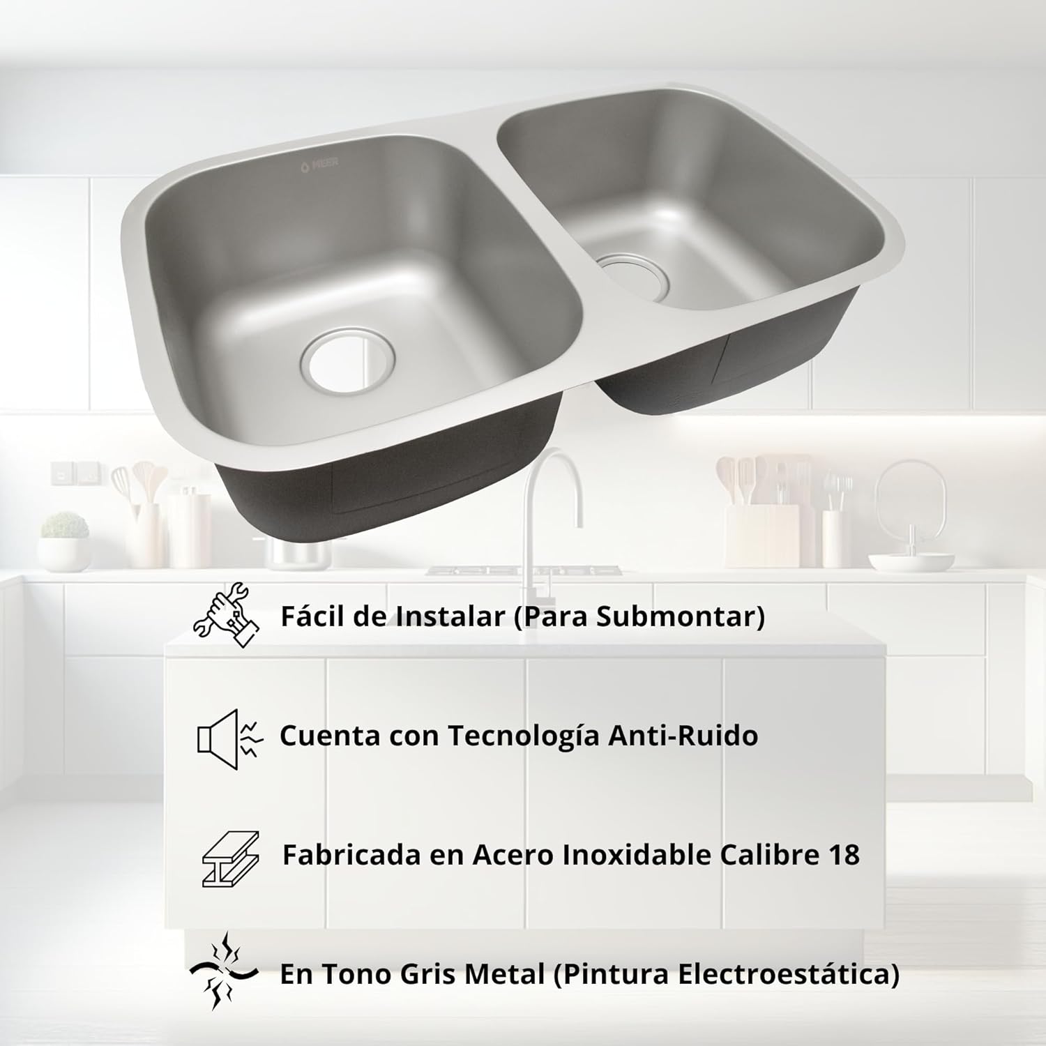 Tarja Doble Para Submontar 82X47cm con Mezcladora Premium, Soporte de Esponja de Regalo 5
