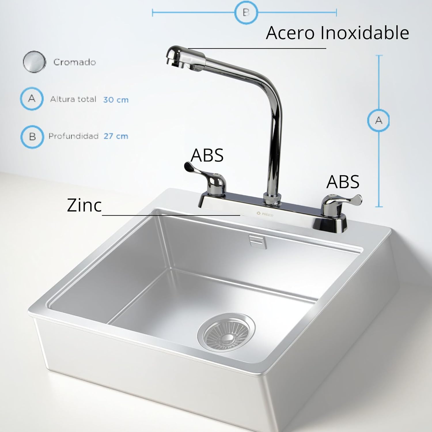 Mezcladora para Fregadero con Cuello Rígido, Acabado Cromado, Fabricada en Zinc, ABS y Acero Inoxidable, Tecnología Water Sense 4