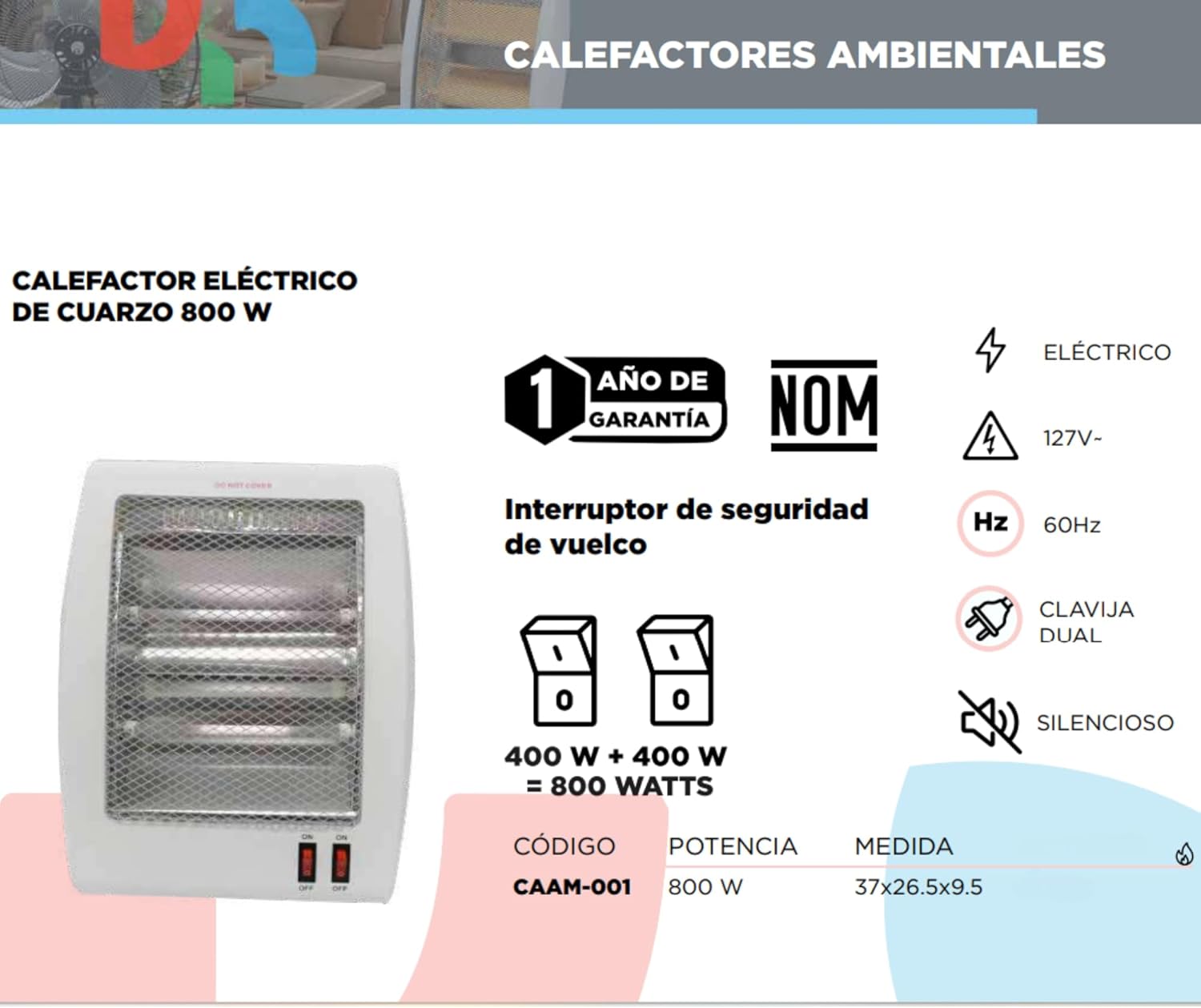 Calefactor Eléctrico de Cuarzo KATOA 800W – Compacto, Seguro y de Bajo Consumo 3