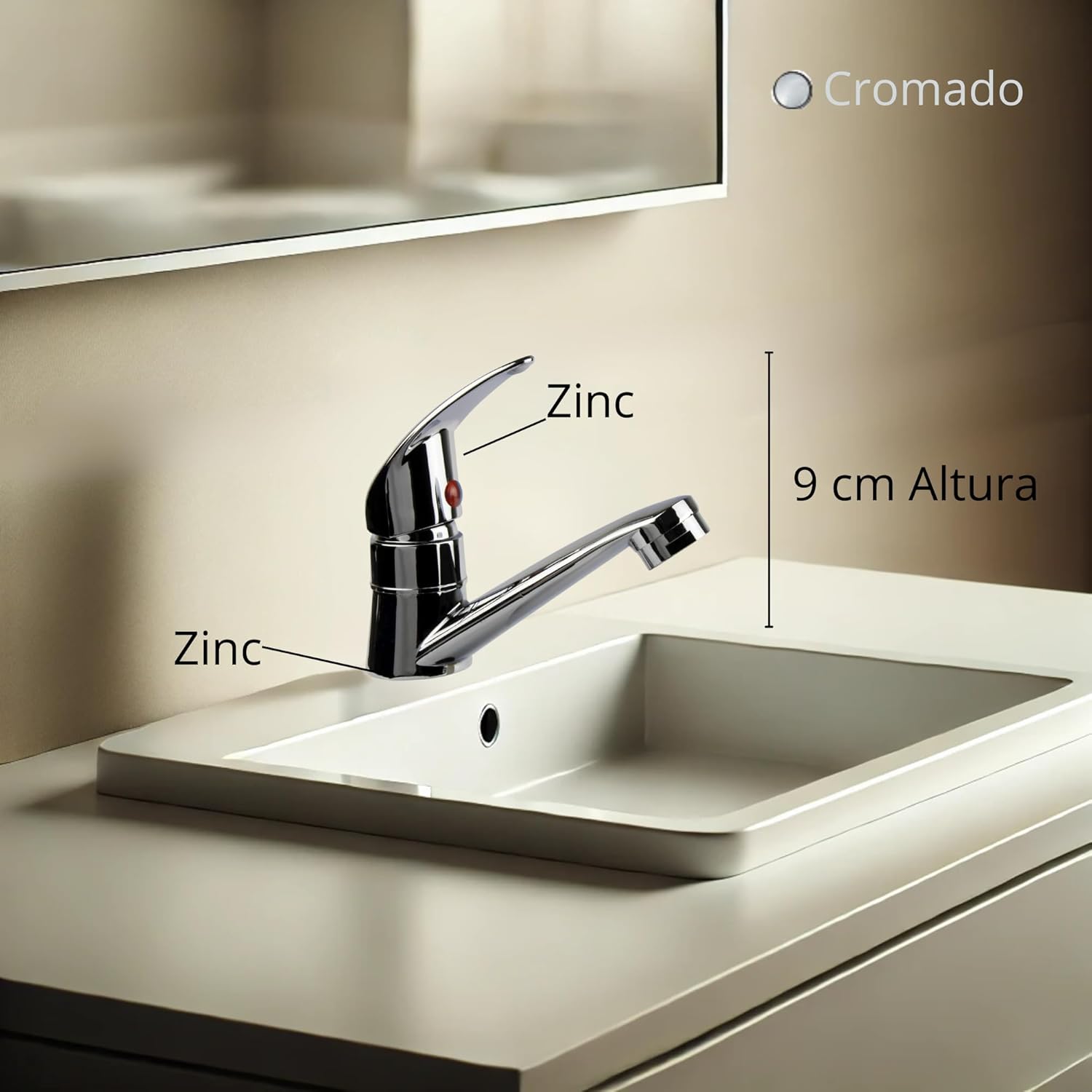 Mezcladora Monomando Cromada para Lavabo de Zinc – Compacta, Moderna y de Instalación Rápida 3